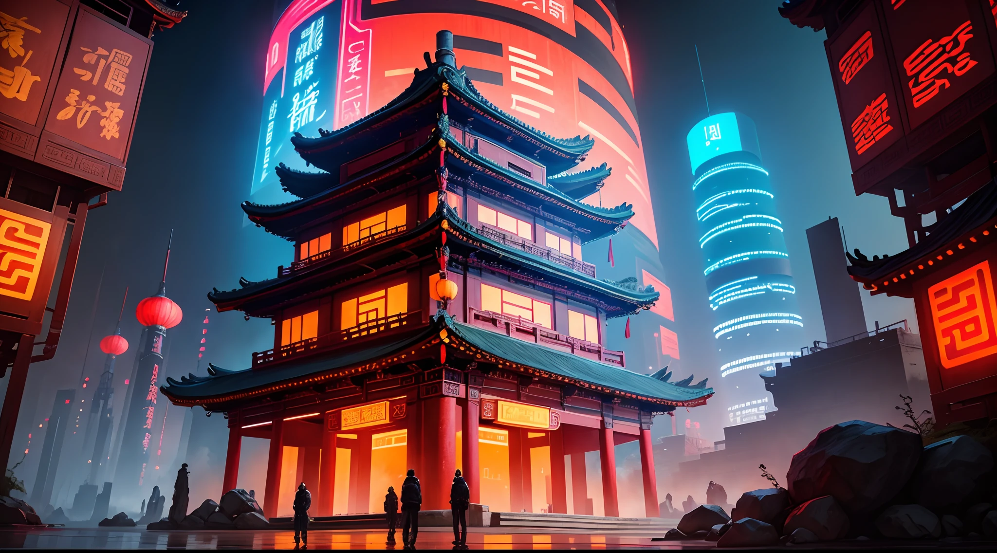 Chinese Ancient Architecture，Chinese Drum Tower,cyber punk perssonage,science fiction scene,Neon lights,Solos,Faraway view