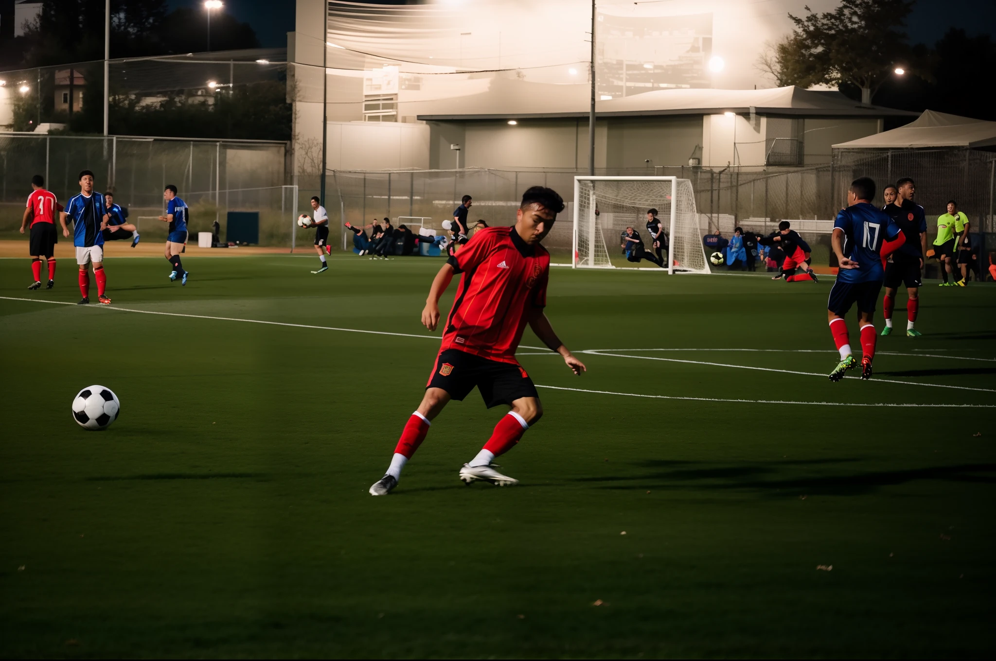 there are many people playing soccer on a field at night, action shot, dynamic action shot, mid - action, playing soccer, mid action, taken with canon 8 0 d, flying shot, opening shot, mid air shot, low quality photo, wining, doing a kick, dribbling, captured on canon eos r 6, shot on sony a 7