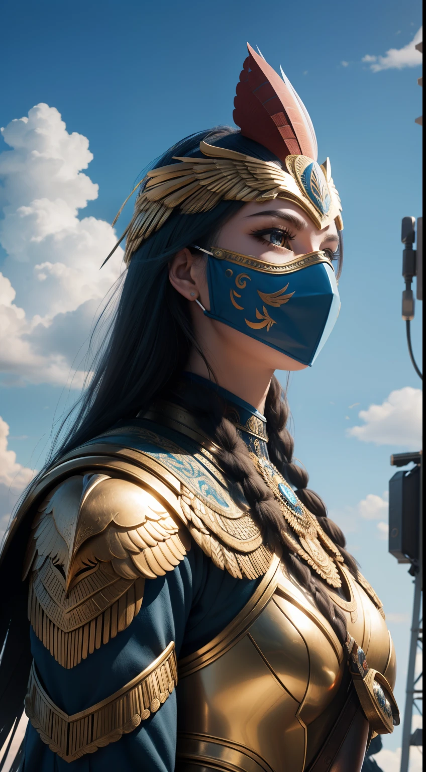 Valkyrie, female, rooster-shape-mask, on top of lighting tower, blue sky background, Animal Anthropomorphism, realistic digital, humanoid, abstract background, global illumination, intricate, epic, dramatic, masterpiece, high detail, best quality, ultra high res