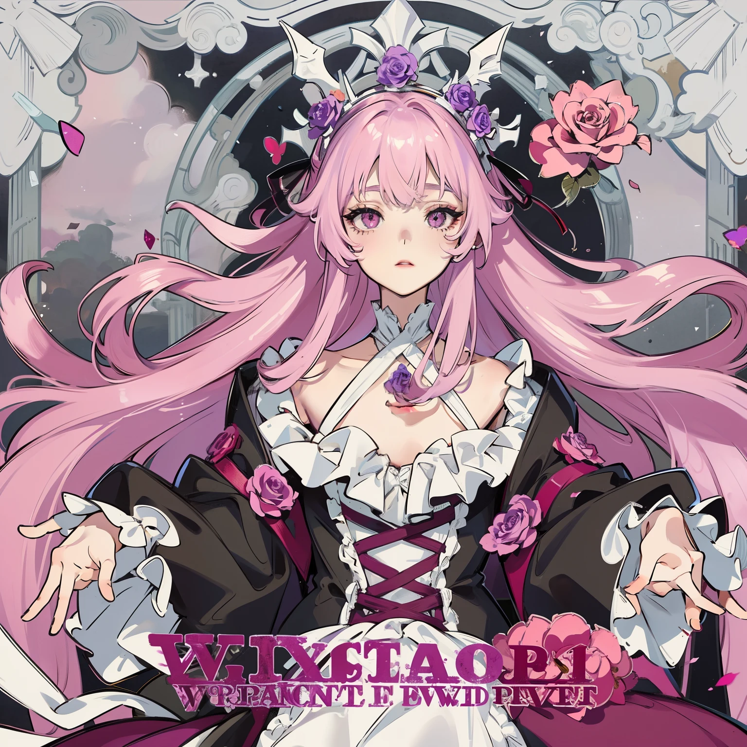 Long pink hair, vampire girl with silver eyes, wearing a delicate violet evening gown with a rose flower crown made of dead violet roses.