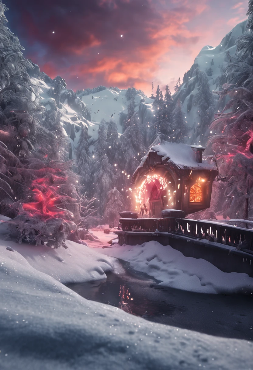 a magical creatura, dessed in christmas style, defined features, hyperdetailed, hyperomate, concept art, unreal, magical, snwy landscape, snowing