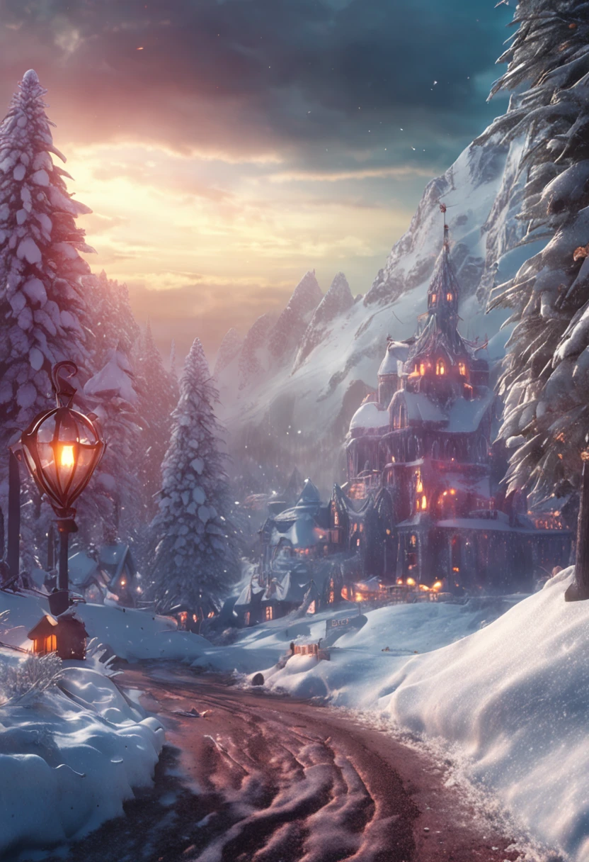 a magical creatura, dessed in christmas style, defined features, hyperdetailed, hyperomate, concept art, unreal, magical, snwy landscape, snowing