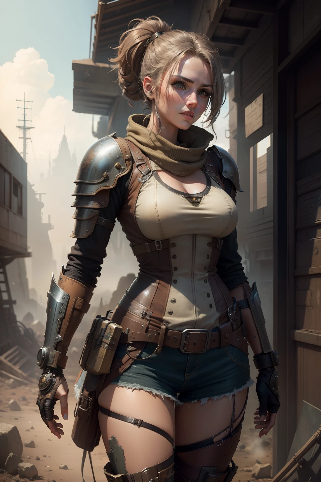 "futuristic steampunk female wearing rugged and weathered armor in a post-apocalyptic sci-fi world"