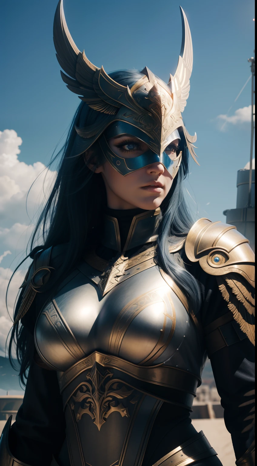 Valkyrie, female, satan-shape-mask, on top of lighting tower, blue sky background, Animal Anthropomorphism, realistic digital, humanoid, abstract background, global illumination, intricate, epic, dramatic, masterpiece, high detail, best quality, ultra high res
