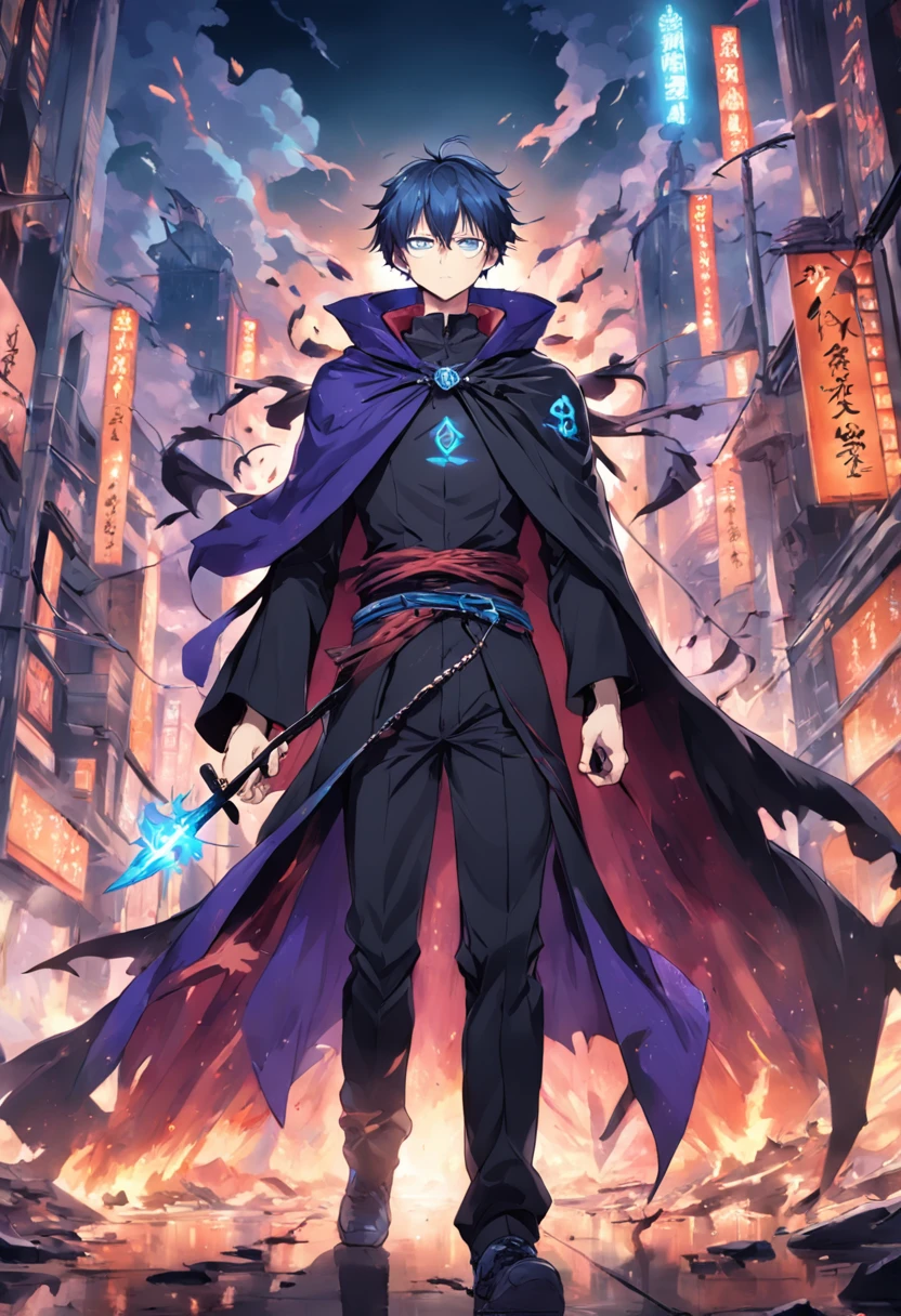 a guy named Ying, a Chinese, behind him is a city ravaged by smoke and fire, anime character with a purple cape and a black cape on, badass anime 8 k, trigger anime artstyle, tall anime guy with blue eyes, he wears two bags of arrows on his back, detailed key anime art, " advanced digital anime art ”, with index finger, key anime art, ufotable art style, shirow masamune, shigenori soejima illustration, epic anime style, detailed digital anime art, he rides a two-horned black dragon