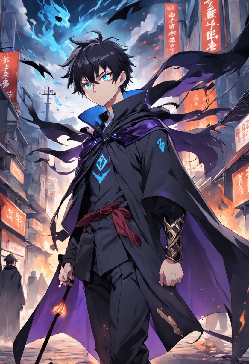 a guy named Ying, a Chinese, behind him is a city ravaged by smoke and fire, anime character with a purple cape and a black cape on, badass anime 8 k, trigger anime artstyle, tall anime guy with blue eyes, he wears two bags of arrows on his back, detailed key anime art, " advanced digital anime art ”, with index finger, key anime art, ufotable art style, shirow masamune, shigenori soejima illustration, epic anime style, detailed digital anime art, he rides a two-horned black dragon
