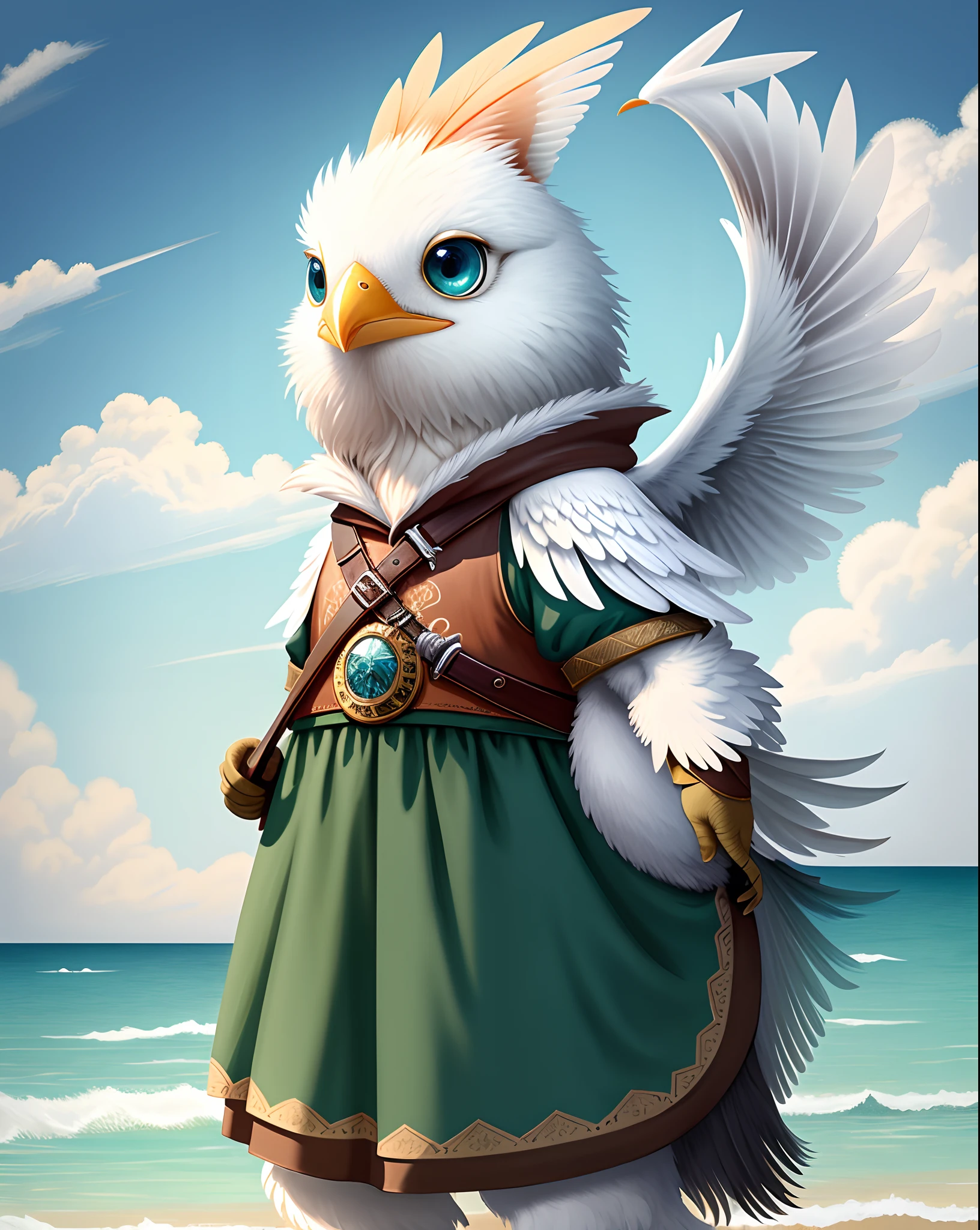 Top image quality、"Create cute creature masterpieces with inspired ultra-detailed concept art. Bring your imagination to life", (Anthropomorphic seagull), high detal, 8K、Top image quality、Dress up as a hunter of medieval Europe、Carrying a spear、Cute pose