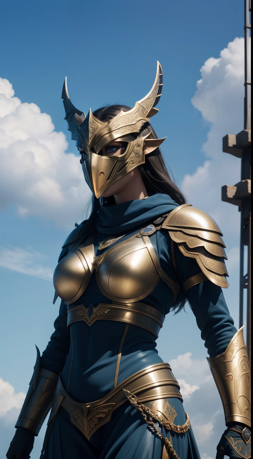 Valkyrie, female, dragon-shape-mask, on top of lighting tower, blue sky background, Animal Anthropomorphism, realistic digital, humanoid, abstract background, global illumination, intricate, epic, dramatic, masterpiece, high detail, best quality, ultra high res