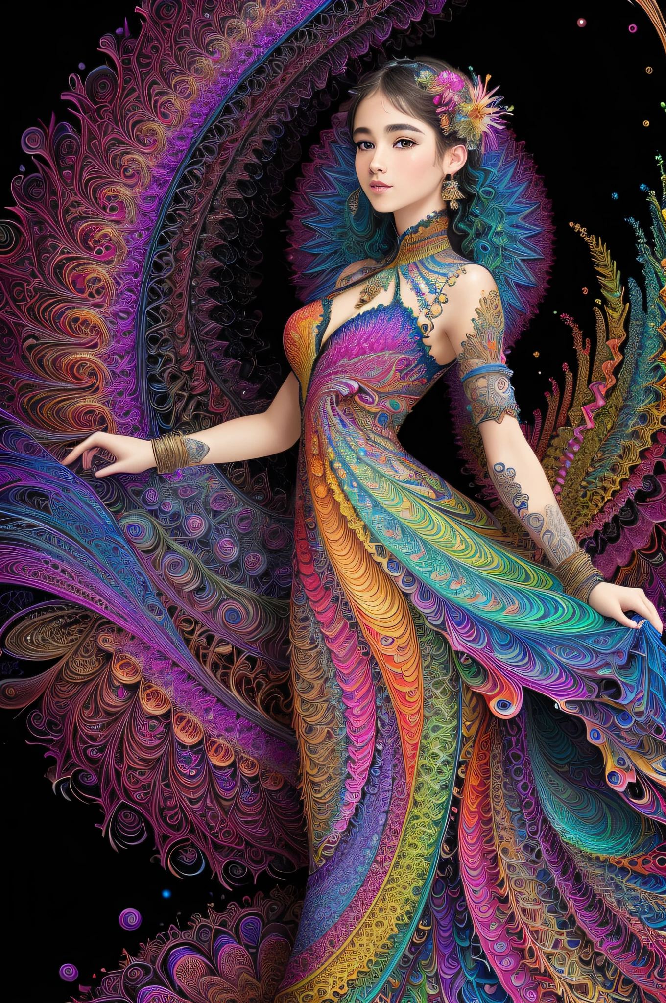 (masterpiece, top quality, best quality, official art, beautiful and aesthetic:1.2), (1girl:1.3), extremely detailed,(fractal art:1.2),colorful, highest detailed,(zentangle:1.2), (dynamic pose), (abstract background:1.5), (treditional dress:1.2), (shiny skin), (many colors:1.4), upper body