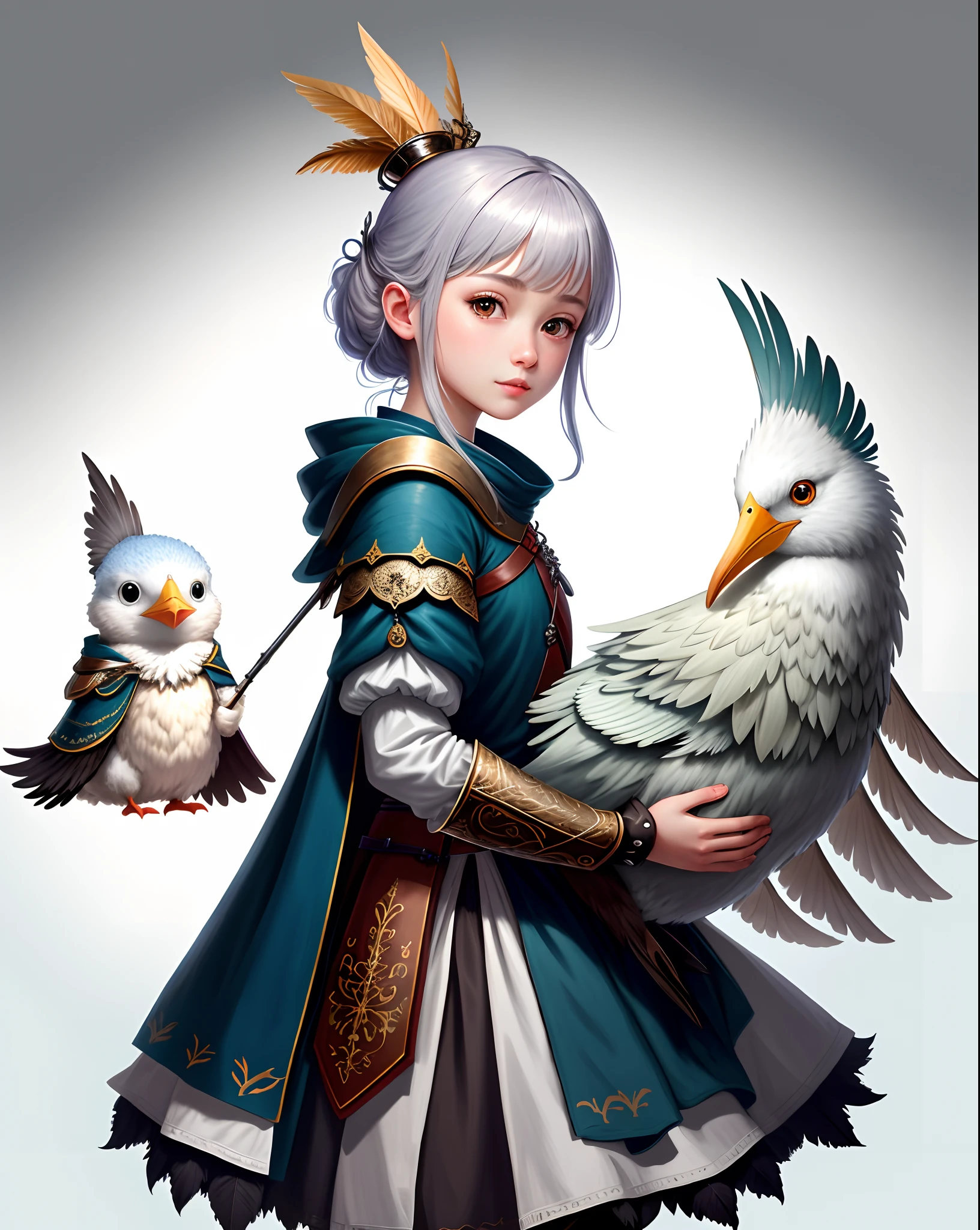 Top image quality、"Create cute creature masterpieces with inspired ultra-detailed concept art. Bring your imagination to life", （Anthropomorphic seagull）, high detal, 8K、Top image quality、Dress up as a hunter of medieval Europe、Carrying a spear、Cute pose