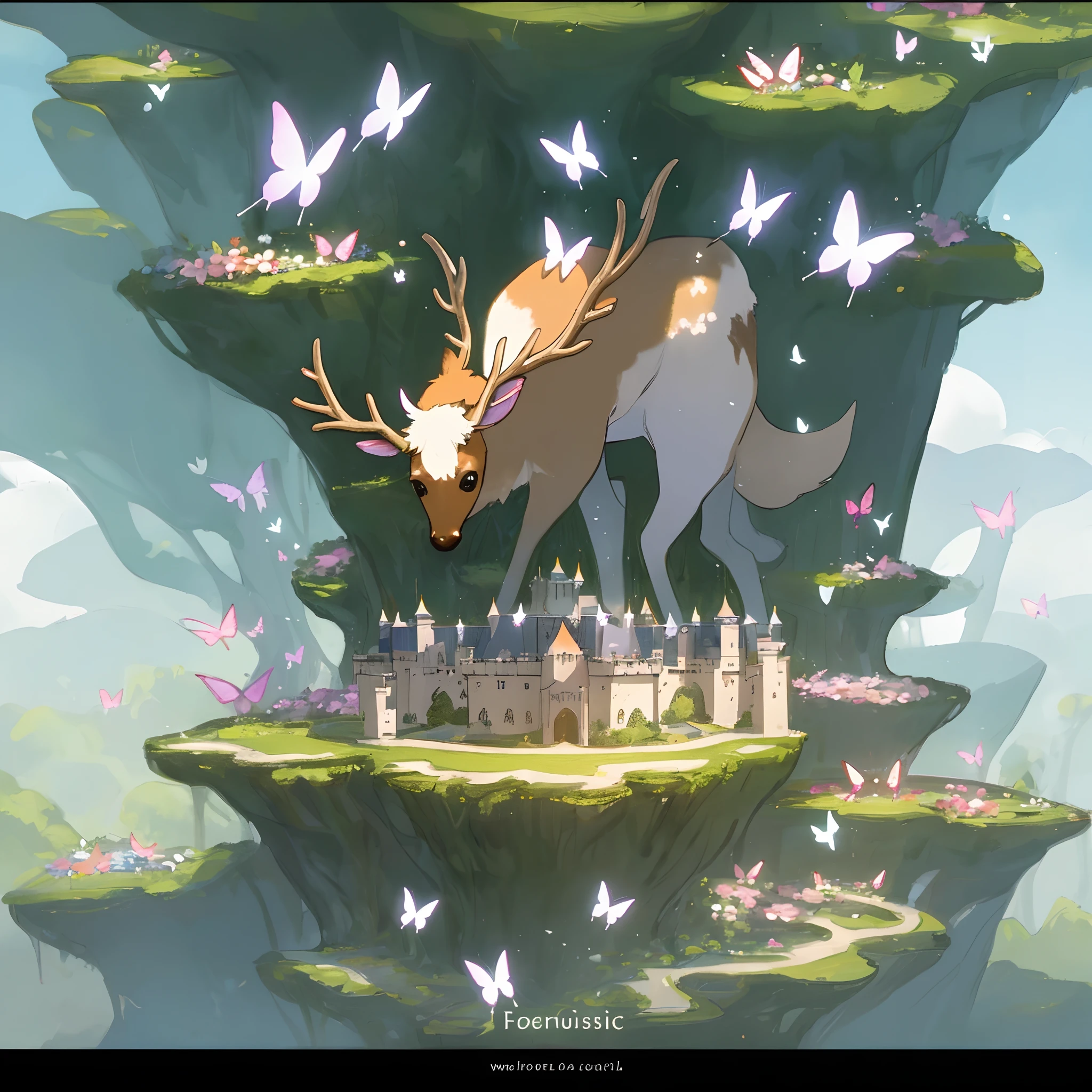 1, fantasia, floresta , anime concept, magia , banner para YouTube, deer, elf girl ,bow, castle, flowers, butterflies ,
