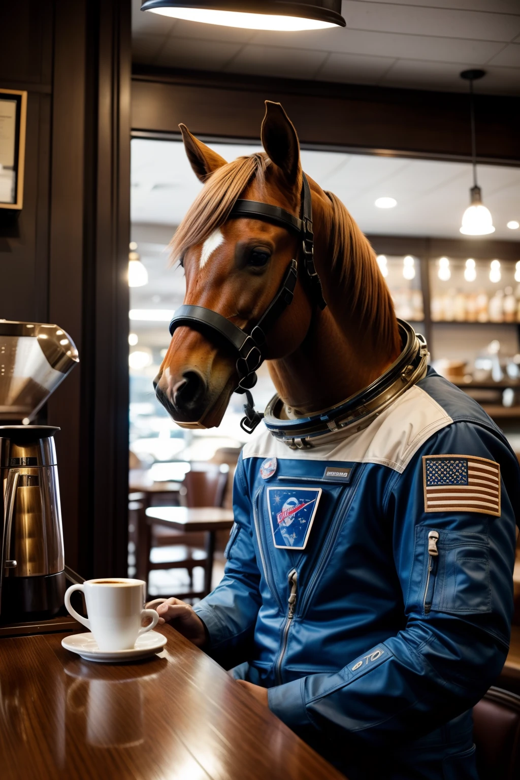 Photo of a horse-headed astronaut having coffee in an old coffee shop