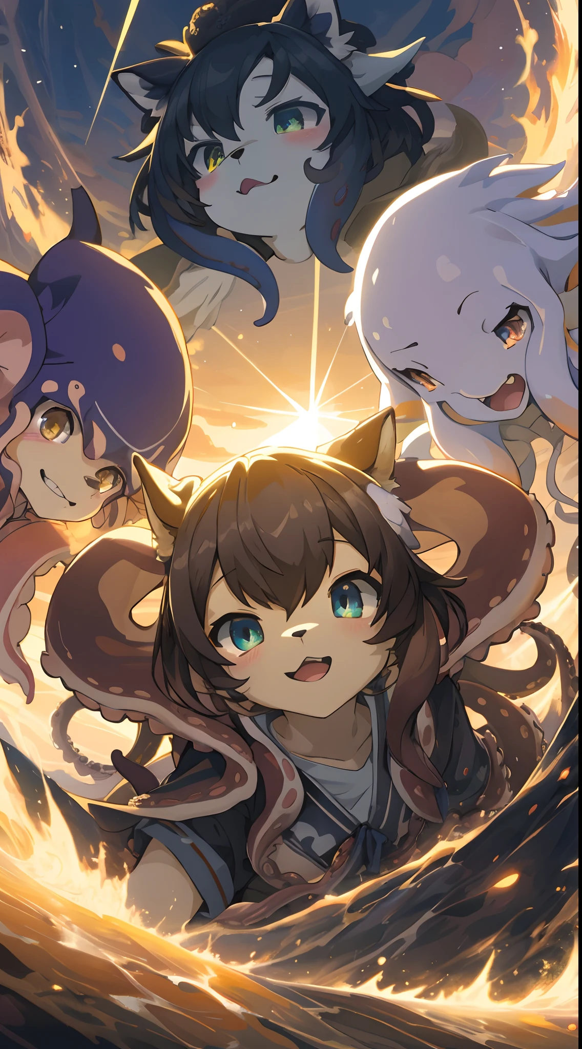 top quality, best quality, High-quality illustrations, masterpiece, super high resolution, detailed background, seeside((movie of octopus creatures and human child)), 6+boys, 6+girls, absurdres(highly detailed beautiful face and eyes)perfect anatomy, expression, caustics, light rays, dynamic lighting, light particles, lens flare, cinematic shadow(kemono, furry anthro)assorted poses, dynamic angle,