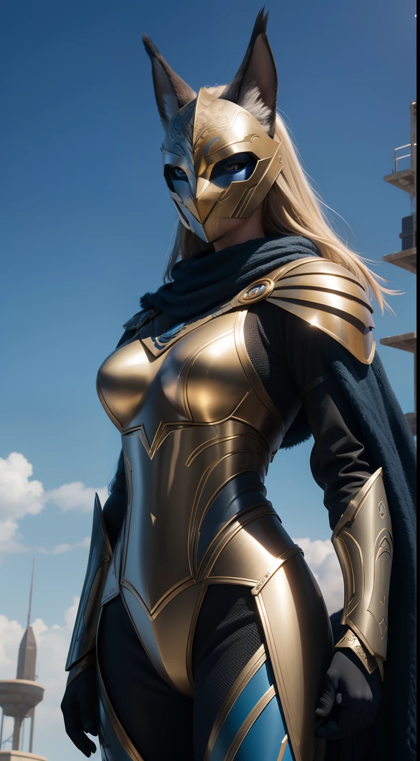 Valkyrie, female, caracal-shape-mask, on top of lighting tower, blue sky background, Animal Anthropomorphism, realistic digital, humanoid, abstract background, global illumination, intricate, epic, dramatic, masterpiece, high detail, best quality, ultra high res