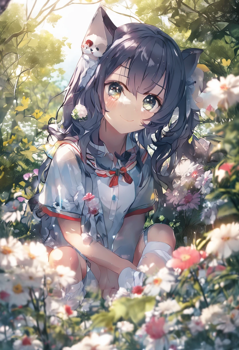 1girl, tall, puppy girl, puppy ears, fluffy tail, dark blue hair, mature, smiling, long hair, silver eyes, outside, grass, field, trees, rainbow, flowers, light blouse, thigh high socks, high res, ultrasharp, 8k, masterpiece