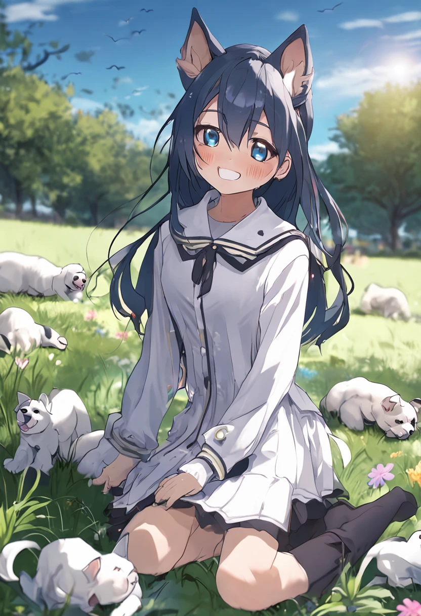 1girl, tall, puppy girl, puppy ears, fluffy tail, dark blue hair, mature, smiling, long hair, silver eyes, outside, grass, field, trees, rainbow, flowers, light blouse, thigh high socks, high res, ultrasharp, 8k, masterpiece