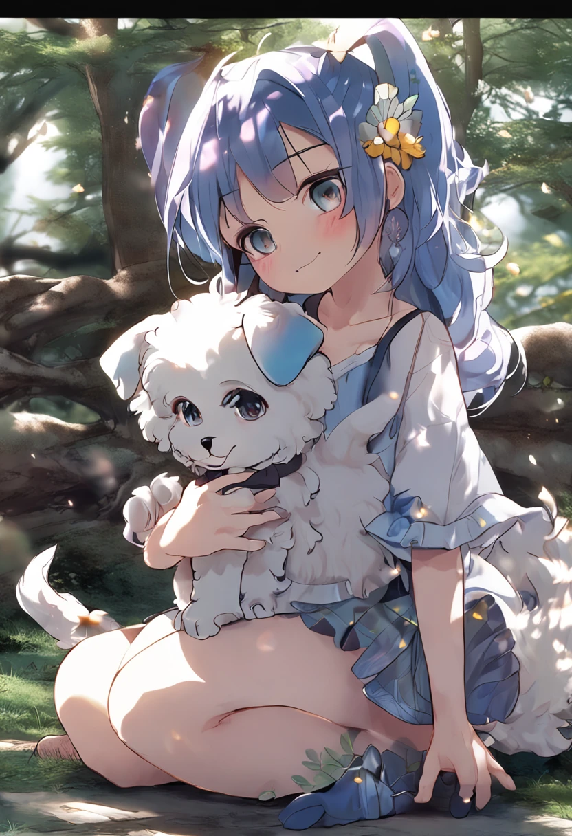1girl, tall, puppy girl, puppy ears, fluffy tail, dark blue hair, mature, smiling, long hair, silver eyes, outside, grass, field, trees, rainbow, flowers, light blouse, thigh high socks, high res, ultrasharp, 8k, masterpiece