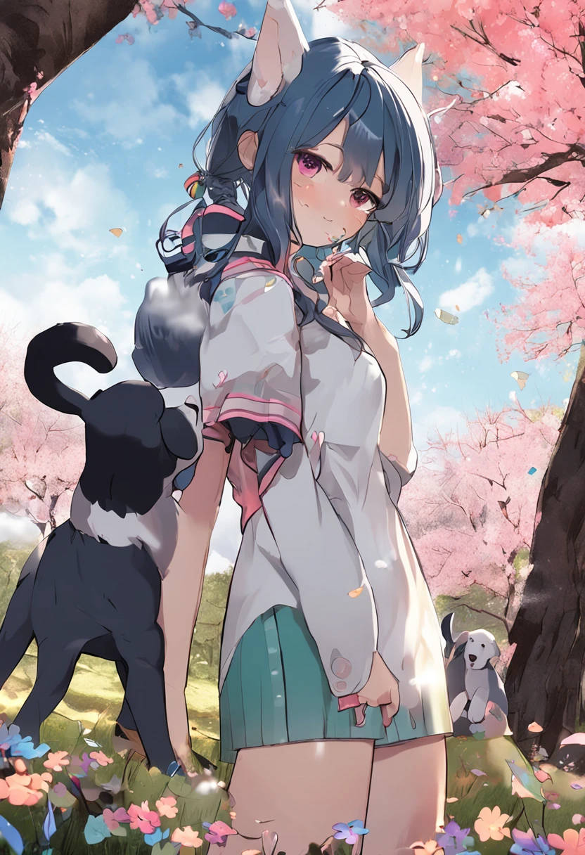 1girl, tall, puppy girl, puppy ears, fluffy tail, dark blue hair, mature, smiling, long hair, silver eyes, outside, grass, field, trees, rainbow, flowers, light blouse, thigh high socks, high res, ultrasharp, 8k, masterpiece