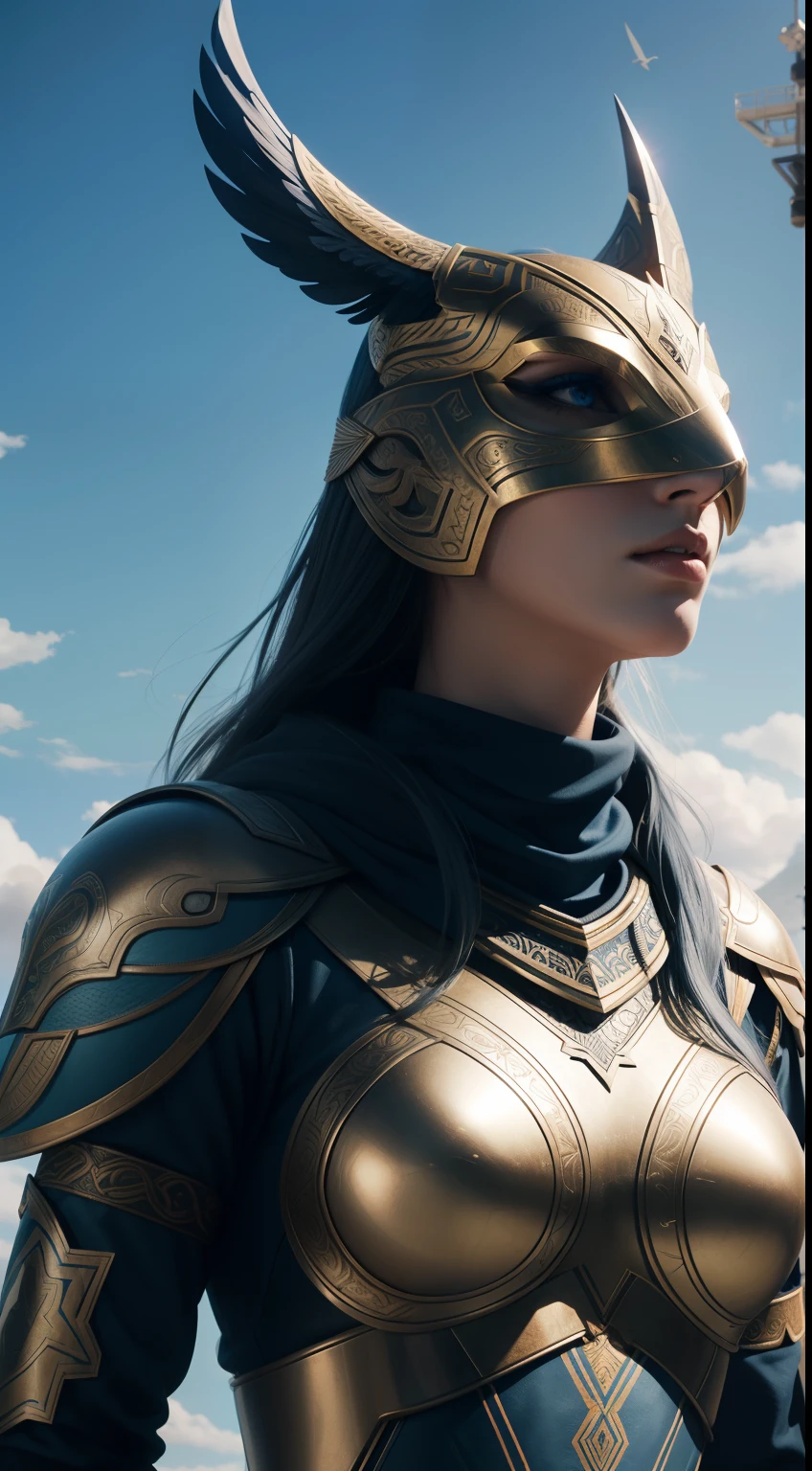 Valkyrie, female, snake-shape-mask, on top of lighting tower, blue sky background, Animal Anthropomorphism, realistic digital, humanoid, abstract background, global illumination, intricate, epic, dramatic, masterpiece, high detail, best quality, ultra high res