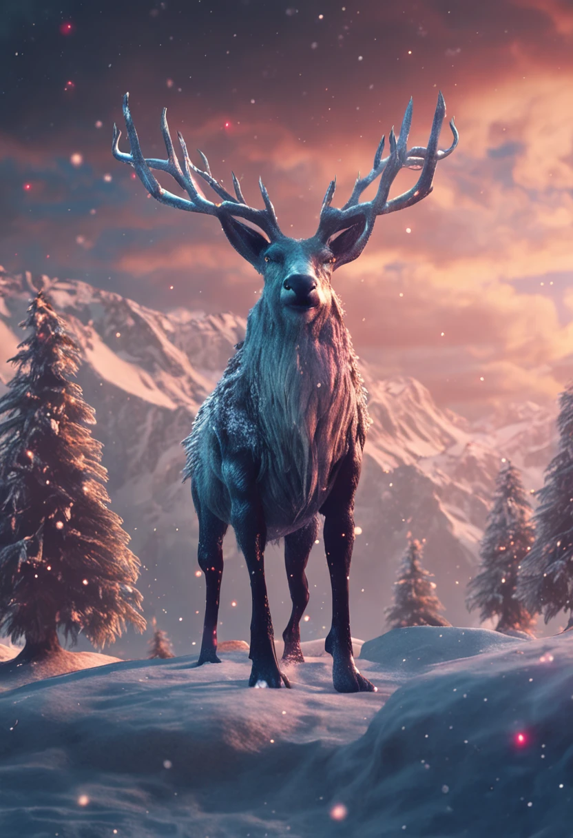 a magical creature, dressed in christmas style, defined features, hyperdetailed, hyperomate, concept art, unreal, magical, snwy landscape, snowing
