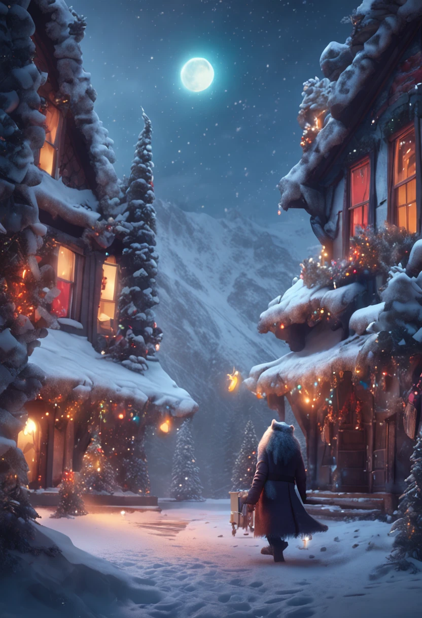 a magical creature, dressed in christmas style, defined features, hyperdetailed, hyperomate, concept art, unreal, magical, snwy landscape, snowing