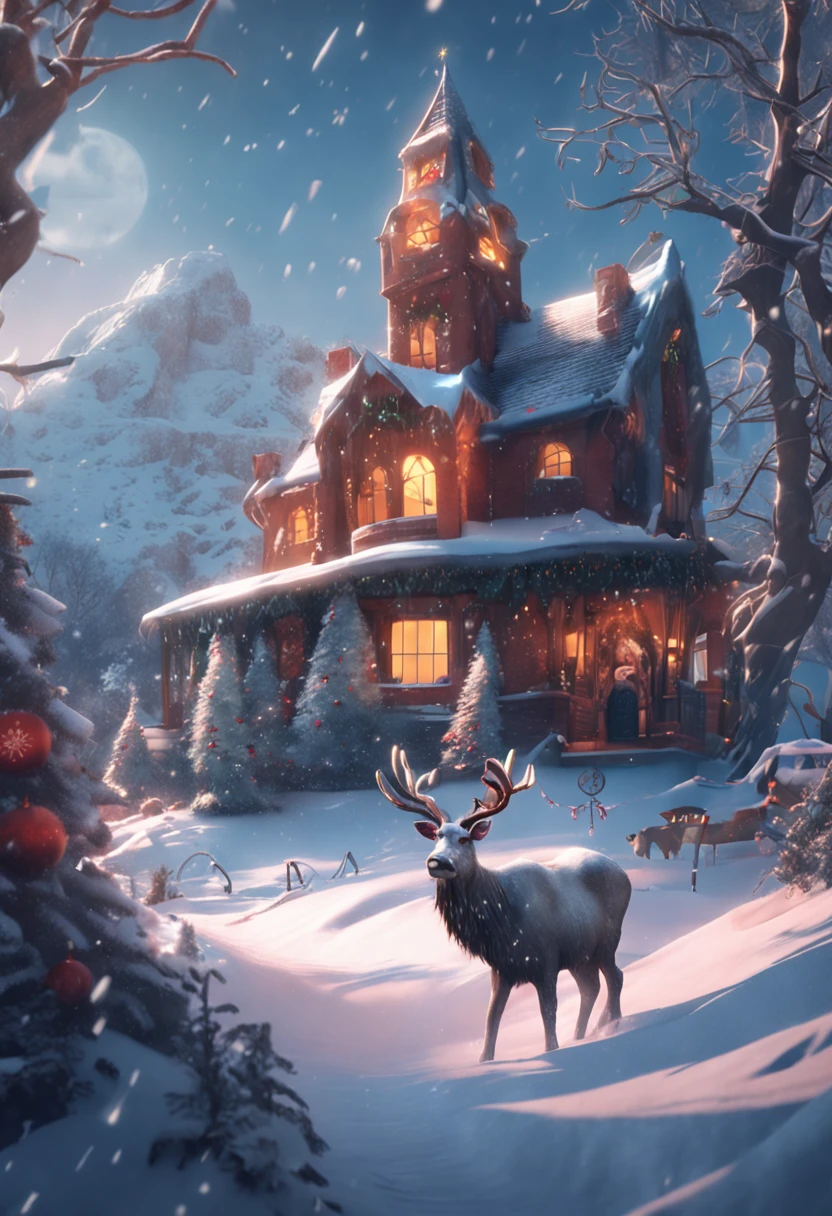 a magical creature, dressed in christmas style, defined features, hyperdetailed, hyperomate, concept art, unreal, magical, snwy landscape, snowing