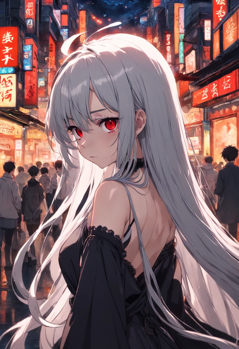 A woman with long silver hair,red color eyes,Poor milk,Flat milk,Black dress,teens girl