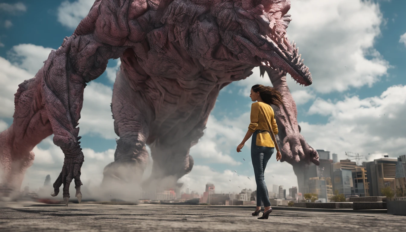 A colossal gargantuan secretary stepping on a miniature city, crushing anything in her path under her shoes, macro photography, sense of scale, megalophobia, extremely wide angle, sky in the background, hair in ponytail, cinematic, colossus, Brobdingnagian, mile tall Kelly Brook on a Godzilla-like rampage