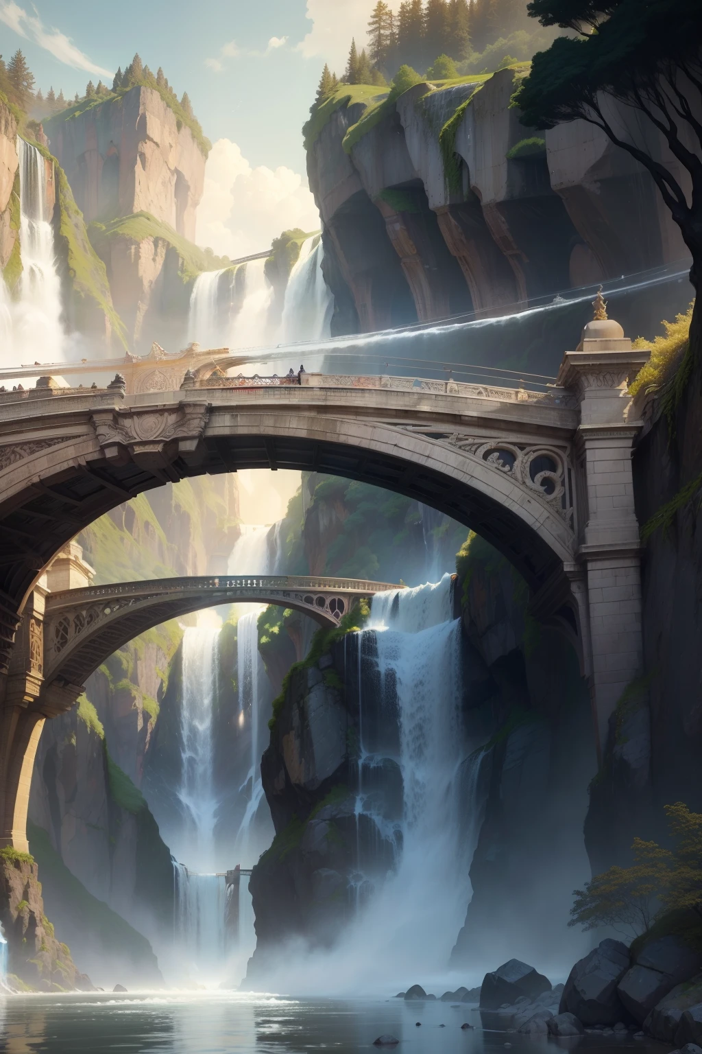 Envision a colossal bridge, an elegant dance of iron and stone, gracefully spanning a waterfall's embrace. Let the essence of Art Nouveau infuse every detail, as tendrils of nature intertwine with the bridge's intricate design. Unleash the beauty of flowing lines and delicate curves, that melds the worlds of architecture and nature in perfect harmony."