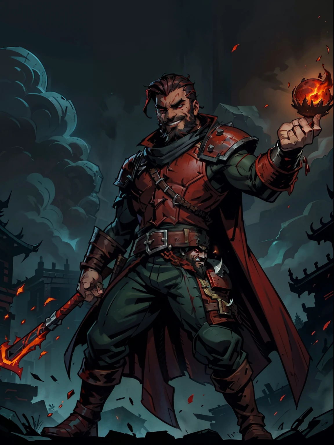 Blood moon background, Darkest Dungeon style, casting fire. Sadurang from Marvel, hunk, buffed physics, short mane hair, mullet, defined face, detailed eyes, short beard, glowing red eyes, dark hair, wily smile, badass, dangerous. Wearing big green classy overcoat, underarmor, cargo pants