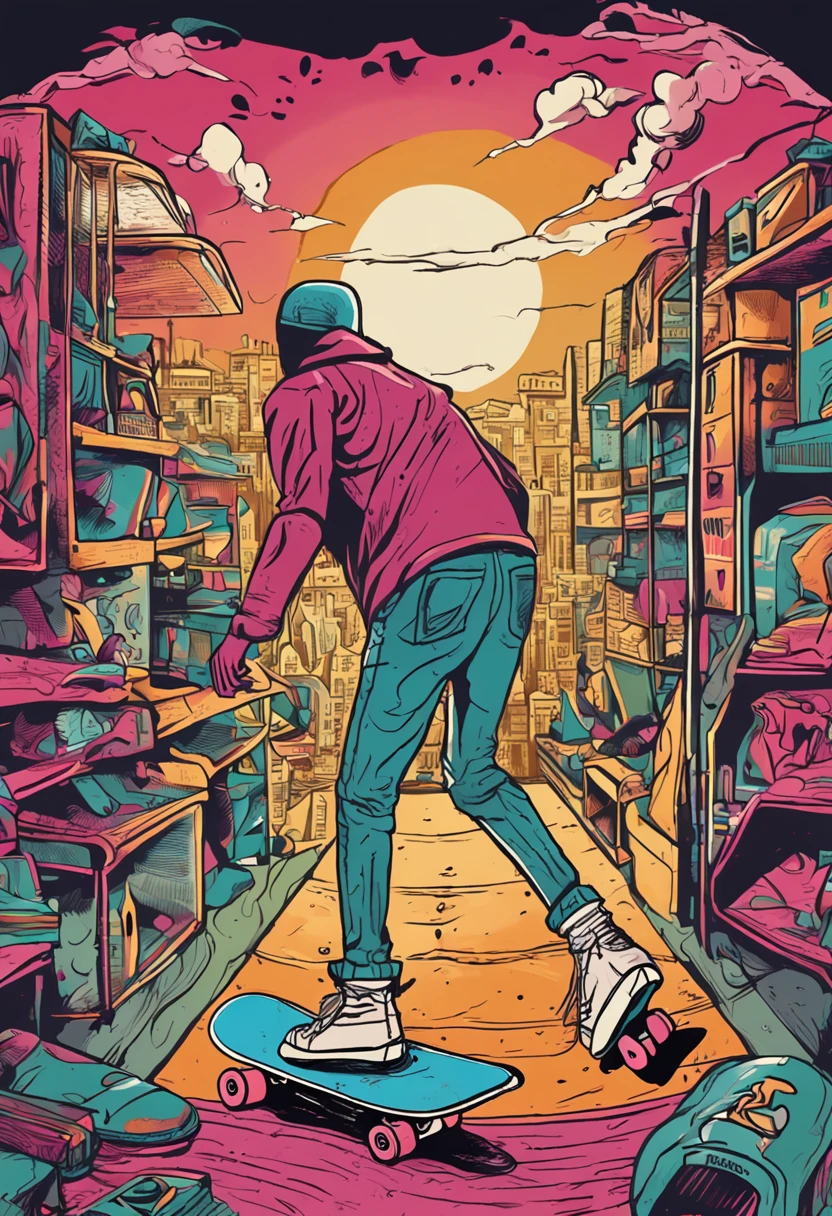 um esqueleto andando de skate, cartum, Expressionismo