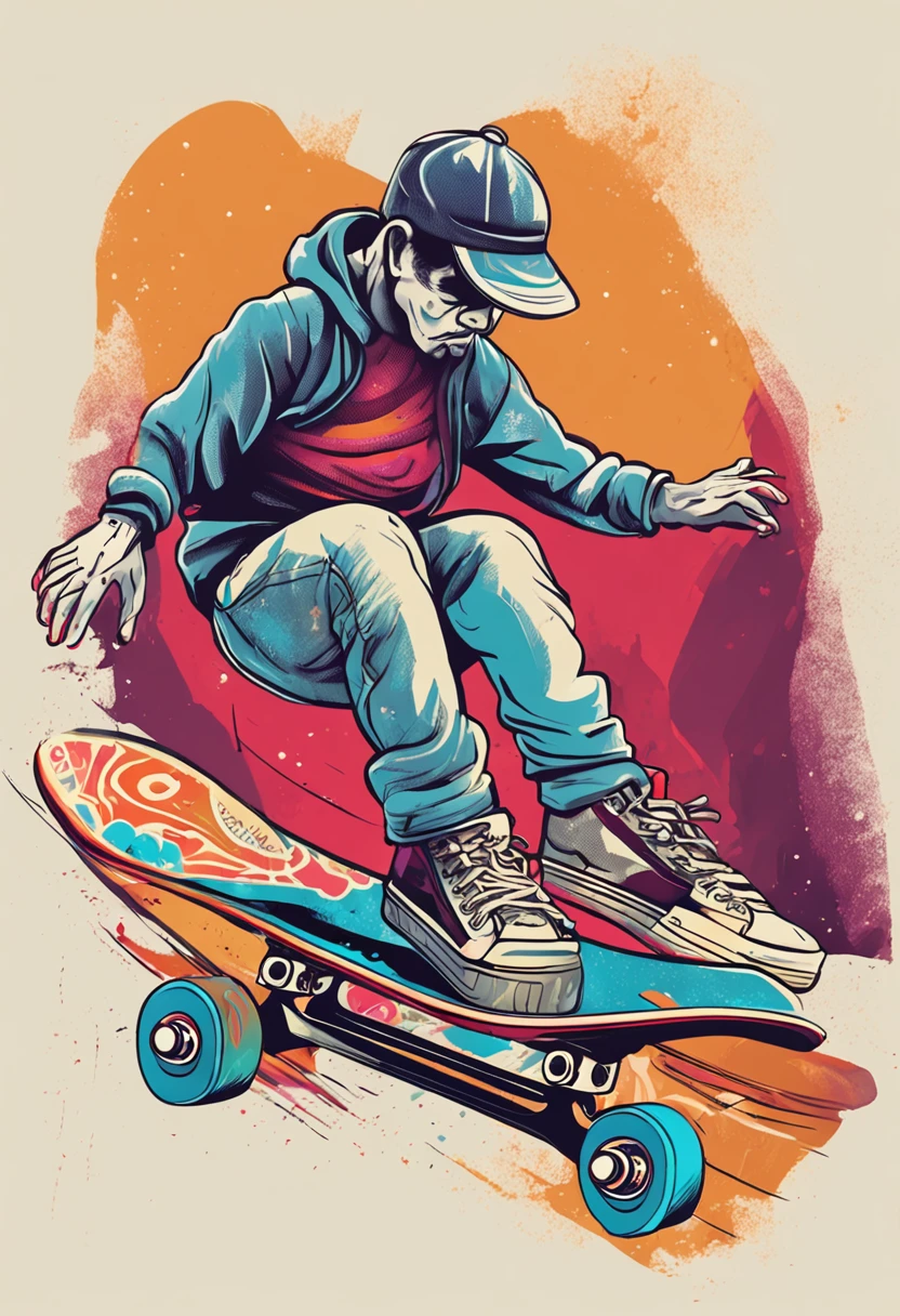 um esqueleto andando de skate, cartum, Expressionismo