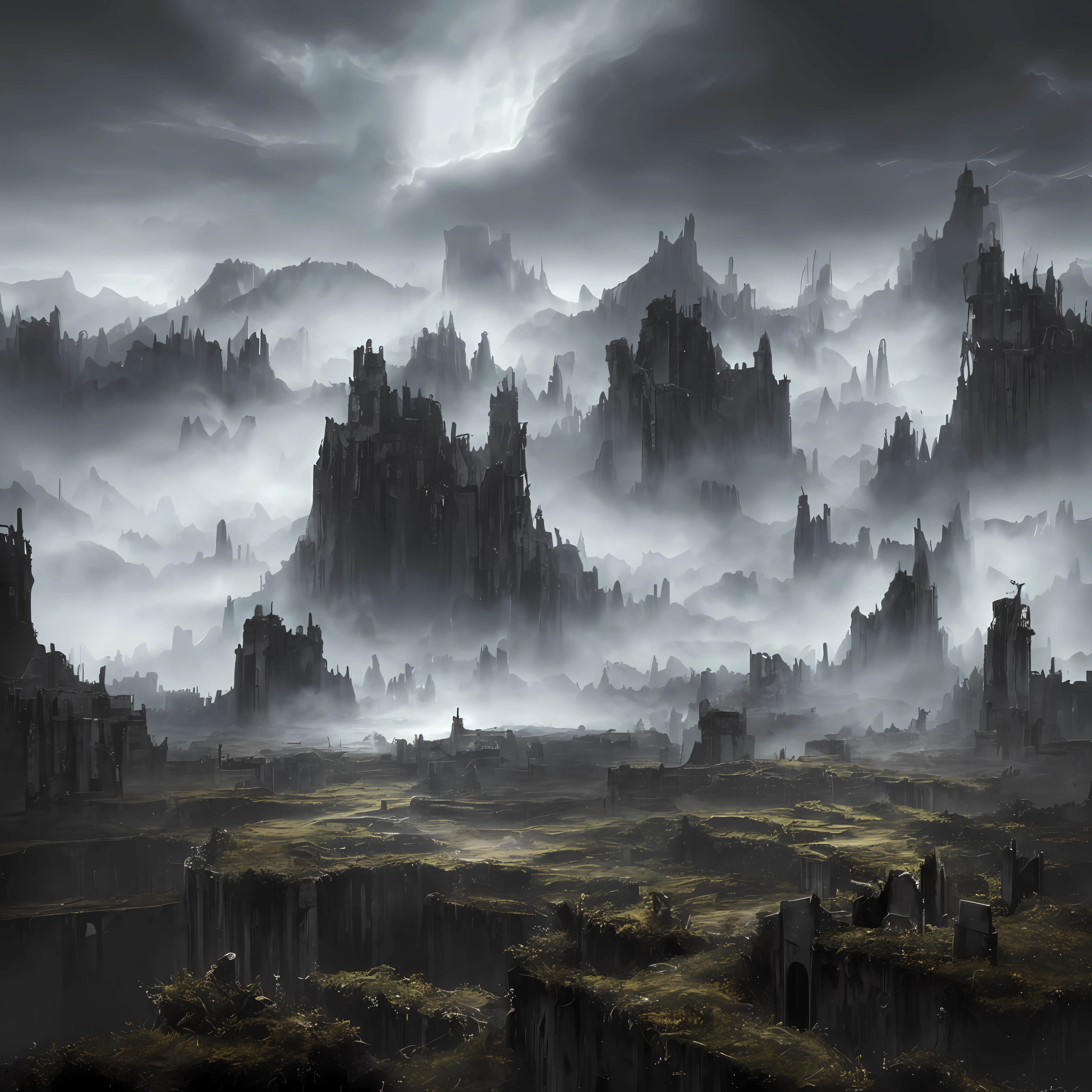 Create an image of the "Dark Abyss," the darkest place in the world. Visualize a horizon shrouded in dense black clouds, where occasional rays illuminate a desolate, gloomy landscape. As you get closer, you can see towering mountains covered in dead, gnarled vegetation. A black and sinister river meanders through the valley, emanating a nefarious mist that seems to swallow any light that dares to penetrate its path. Decrepit ruins of an ancient city are glimpsed in the distance, adding an air of mystery and melancholy to the site. The somber sounds of the wind howling through the gnarled trees echo around him, making his skin shiver. Feel the oppression of the place and the constant presence of something evil lurking in the shadows, ((masterpiece))
