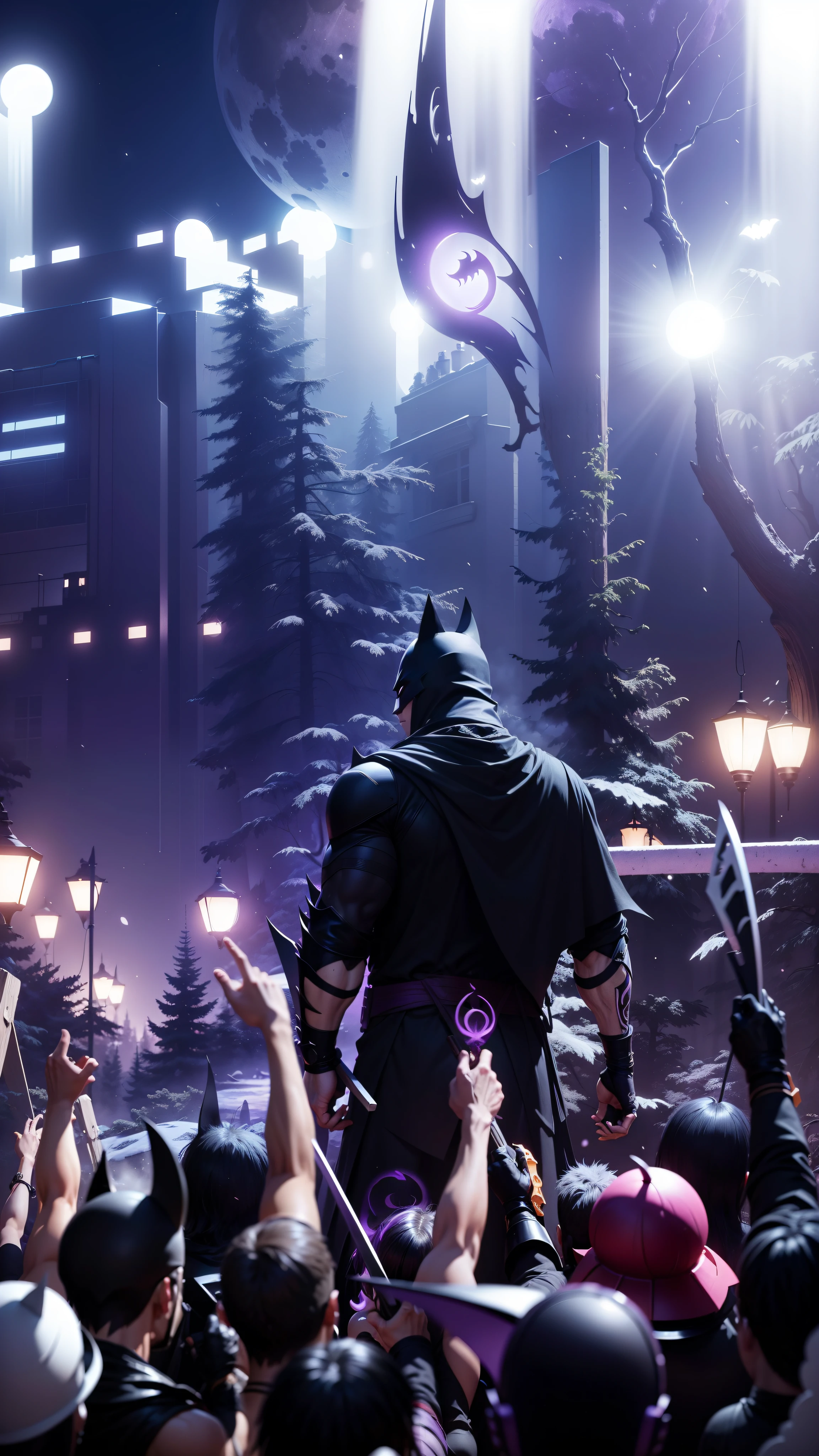 Create a vibrant dark fantasy  ninja batman in a clean-lined minimalistic cartoon style, in the background a beautiful forest and a bright purple moon, octane render, 8k