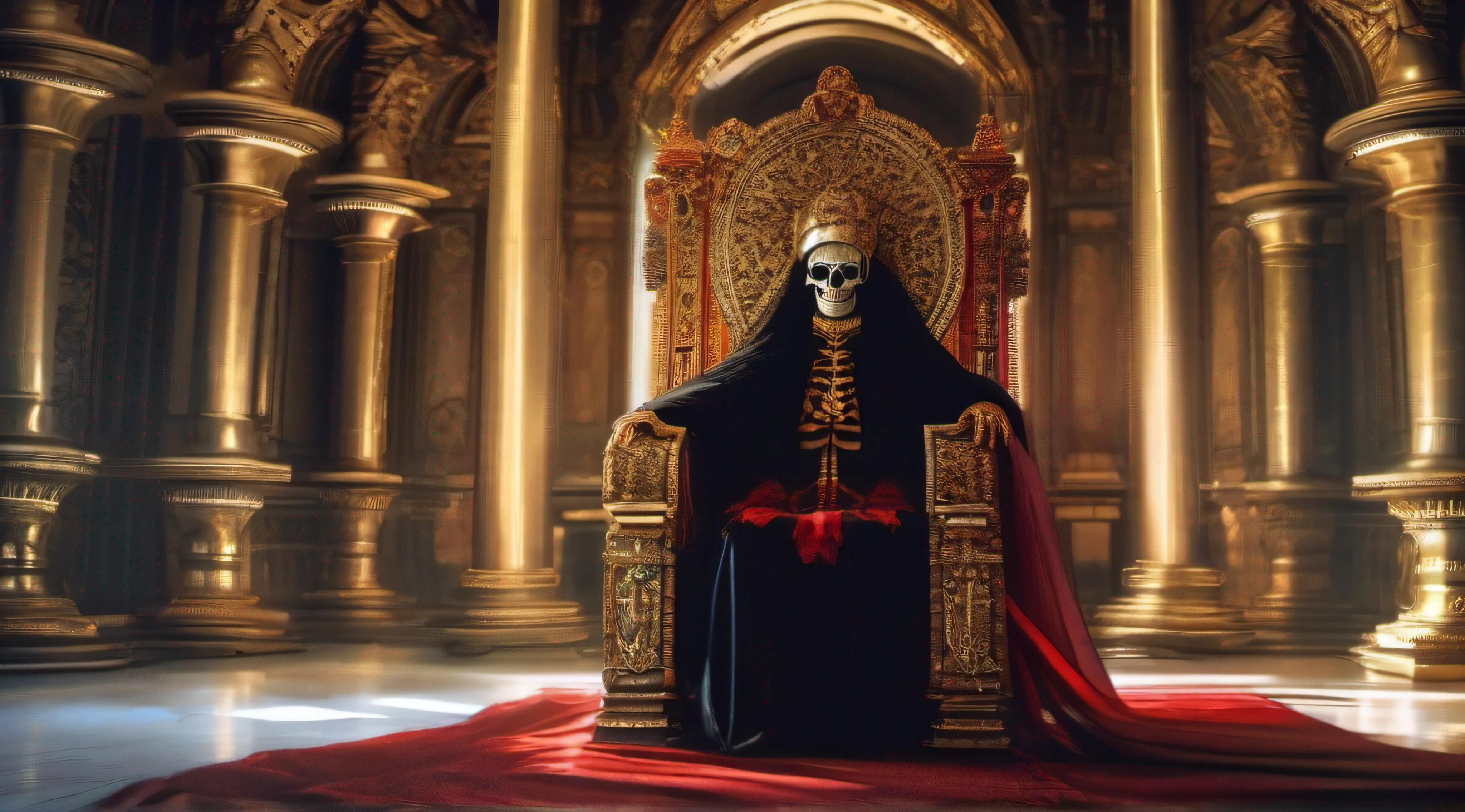 Trono da Morte, A skeletal being is seated in a real chair, vestindo uma vestimenta vermelha que remete ao sangue, similar to that of the Pope. The scene is a representation of dark authority, where mortality and power intertwine. The atmosphere is charged with mystery, as a painting that defies comprehension. Shadows dance around the skeletal being, evoking the veil between life and death. An enigmatic portrait where the figure on the throne holds an unfathomable kingdom