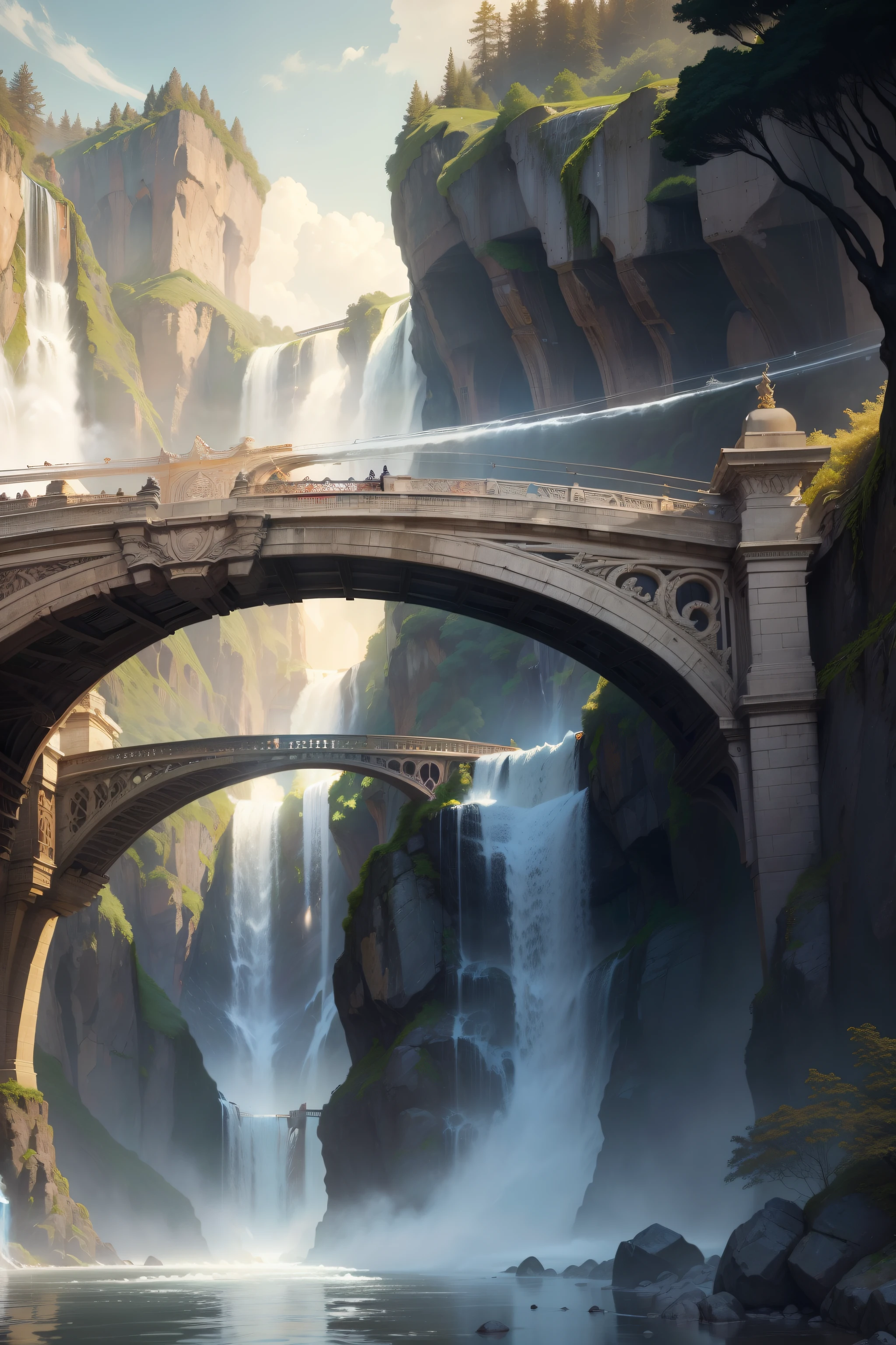 Envision a colossal bridge, an elegant dance of iron and stone, gracefully spanning a waterfall's embrace. Let the essence of Art Nouveau infuse every detail, as tendrils of nature intertwine with the bridge's intricate design. Unleash the beauty of flowing lines and delicate curves, that melds the worlds of architecture and nature in perfect harmony."