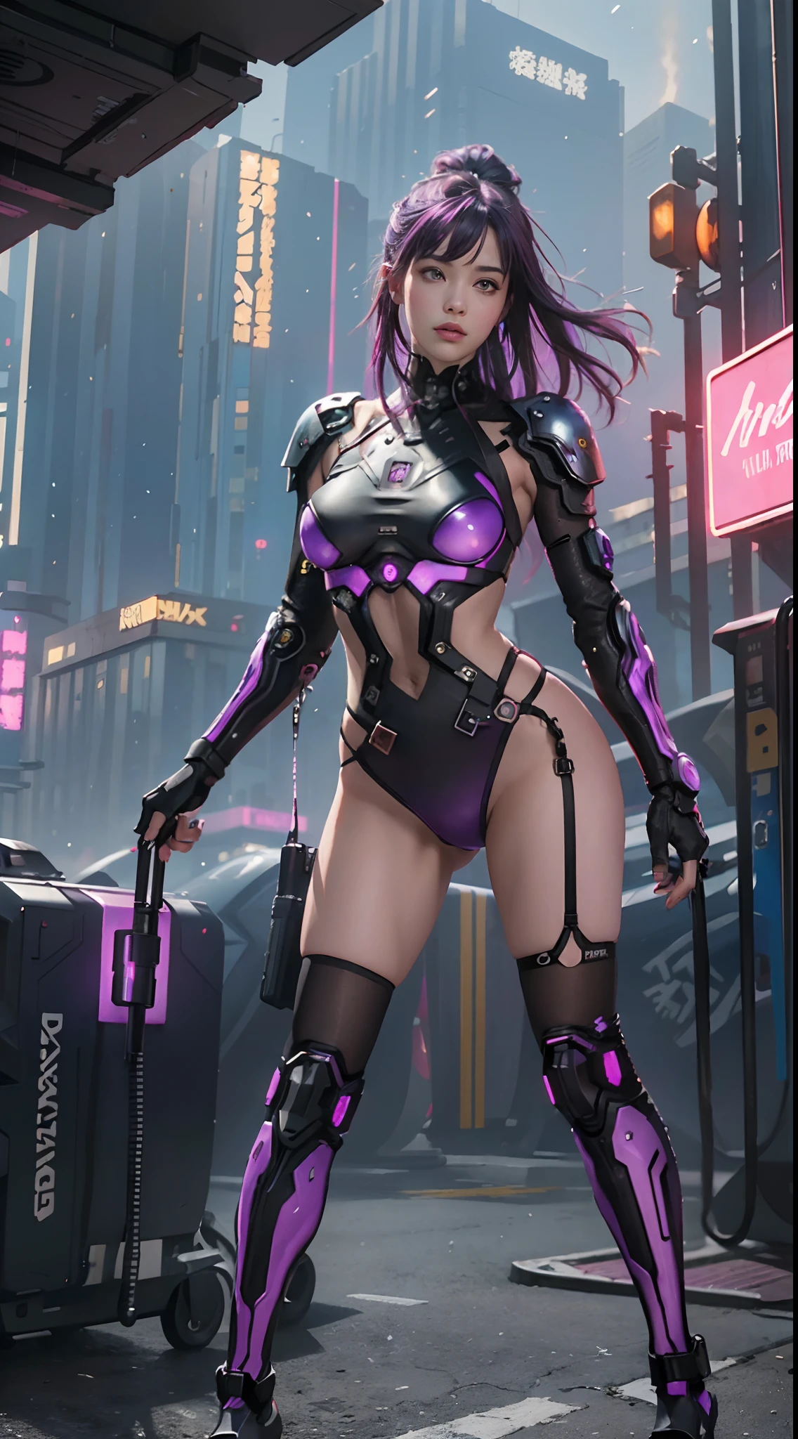 ((Best Quality)), ((Masterpiece)), (Very Detailed:1.3), 3D, Beautiful (Cyberpunk:1.3)), 1 girl, full body, (purple hairstyle), big breast, slender body, slender hips, big breasts, dynamic pose, bottom angles, from below, wearing full purple((heavy cyberpunk armor)) with neon trim, (head-mounted displays), fiber optic cables, company logos, science fiction, Night Cyberpunk city background, Gantz, In the Style of Cyberpunk 2077, Ultra realistic photo, masterpiece, best quality, CG, wallpaper, HDR, high quality, high-definition, extremely detailed, {beautiful detailed face}, {beautiful detailed eyes}, (detailed light){{intricate detail}}, {highres}, ((detailed face)), neon light, chiaroscuro, key visual, intricate detail, highly detailed, breathtaking, vibrant, cinematic, low ISO, white balance, rule of thirds, wide aperture, 8K RAW, efficient sub-pixels, subpixel convolution, luminous particles,