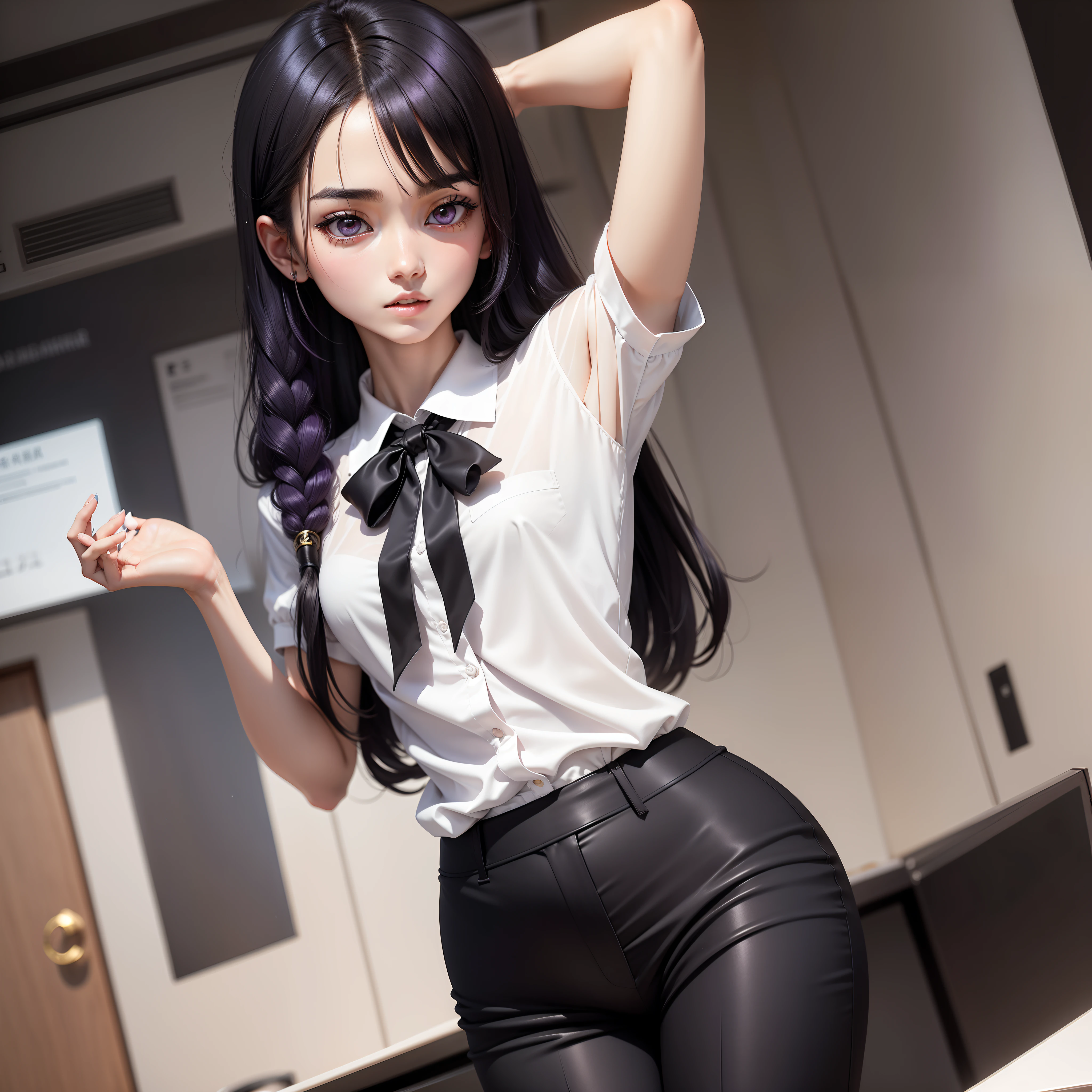One black hair was dyed purple，The goose-egg-shaped face is white，Bright atmosphere，The already delicate facial features also draw a touch of eyeliner，Make narrow eyes more attractive。height of one meter seven，Slim and elegant，The short-sleeved white shirt school uniform is propped up high，At least B+，Maybe it's a C。 The long legs wearing trousers are also straight and slender，Coupled with the youthful atmosphere unique to a girl，