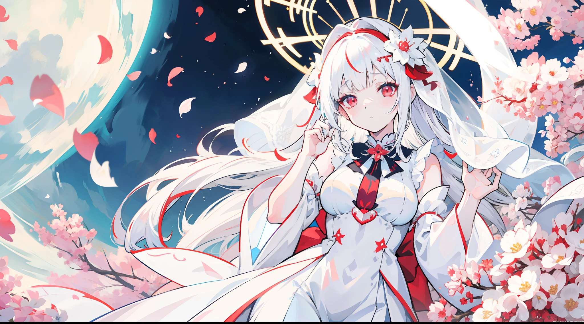 Anime girl in white dress with veil and flowers in hair,Red eyes, White-haired god, Anime moe art style, Hestia, shikamimi, Anime goddess, ahegao, dressed like a cleric, made with anime painter studio, Translucent white skin, ahegao face, Anime Stylization, Marin Kitagawa fanart, cel shaded anime, Stylized anime, cleric