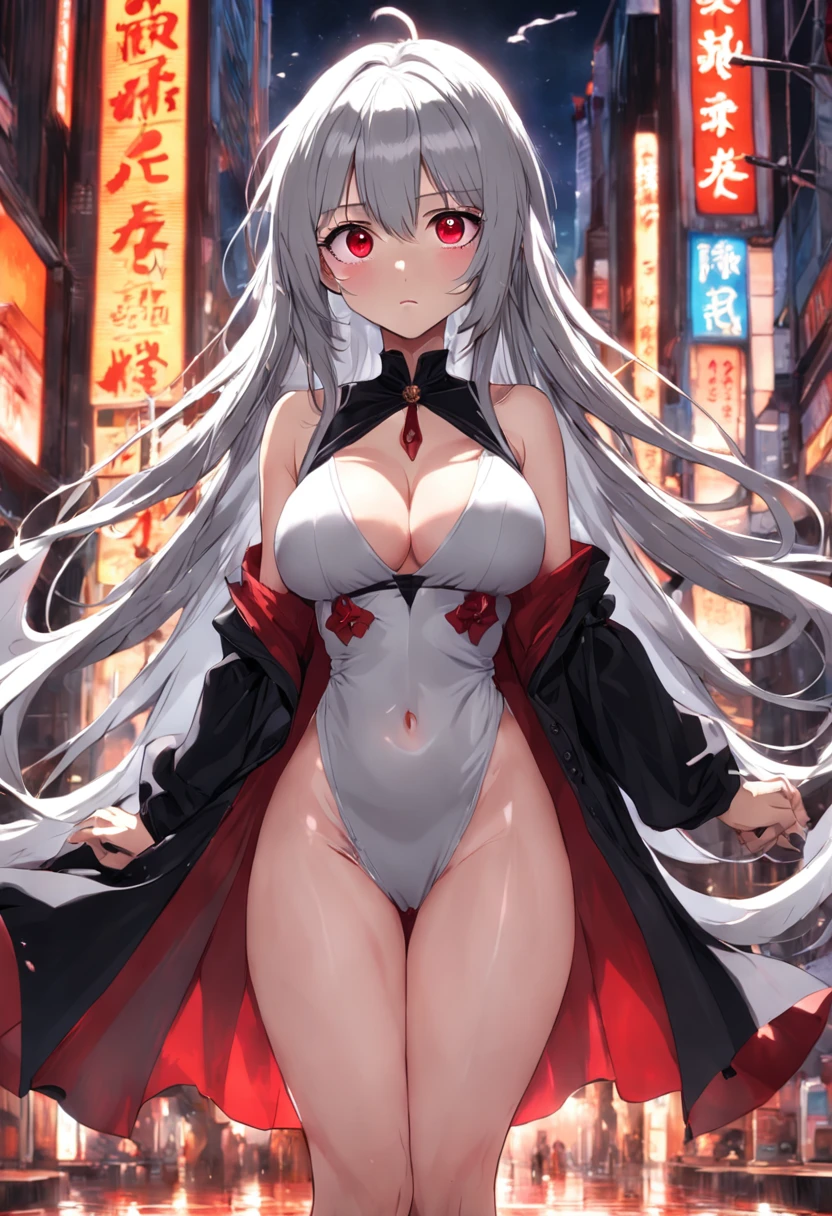 A woman with long silver hair，red color eyes，Poor milk，Flat milk，Black dress，Lori huge breasts cleavage