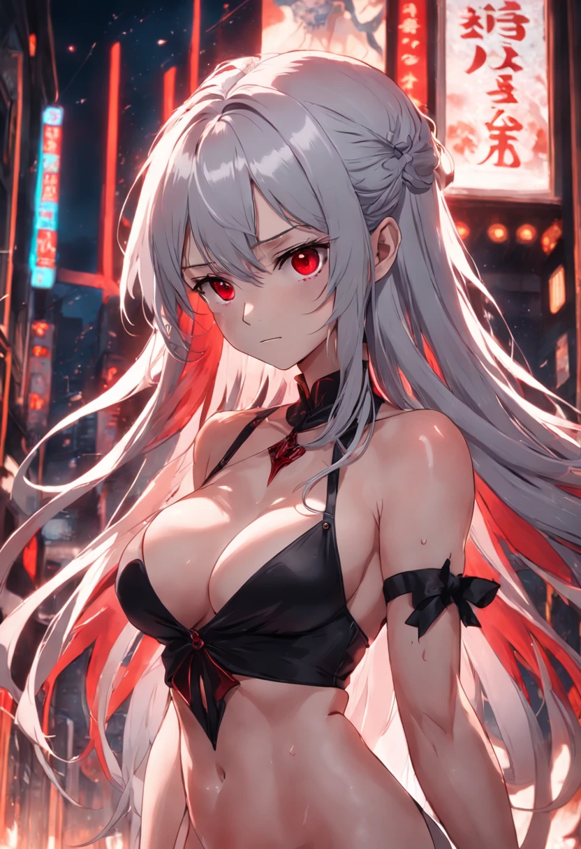 A woman with long silver hair,red color eyes,Poor milk,Flat milk,Black dress,Lori huge breasts cleavage