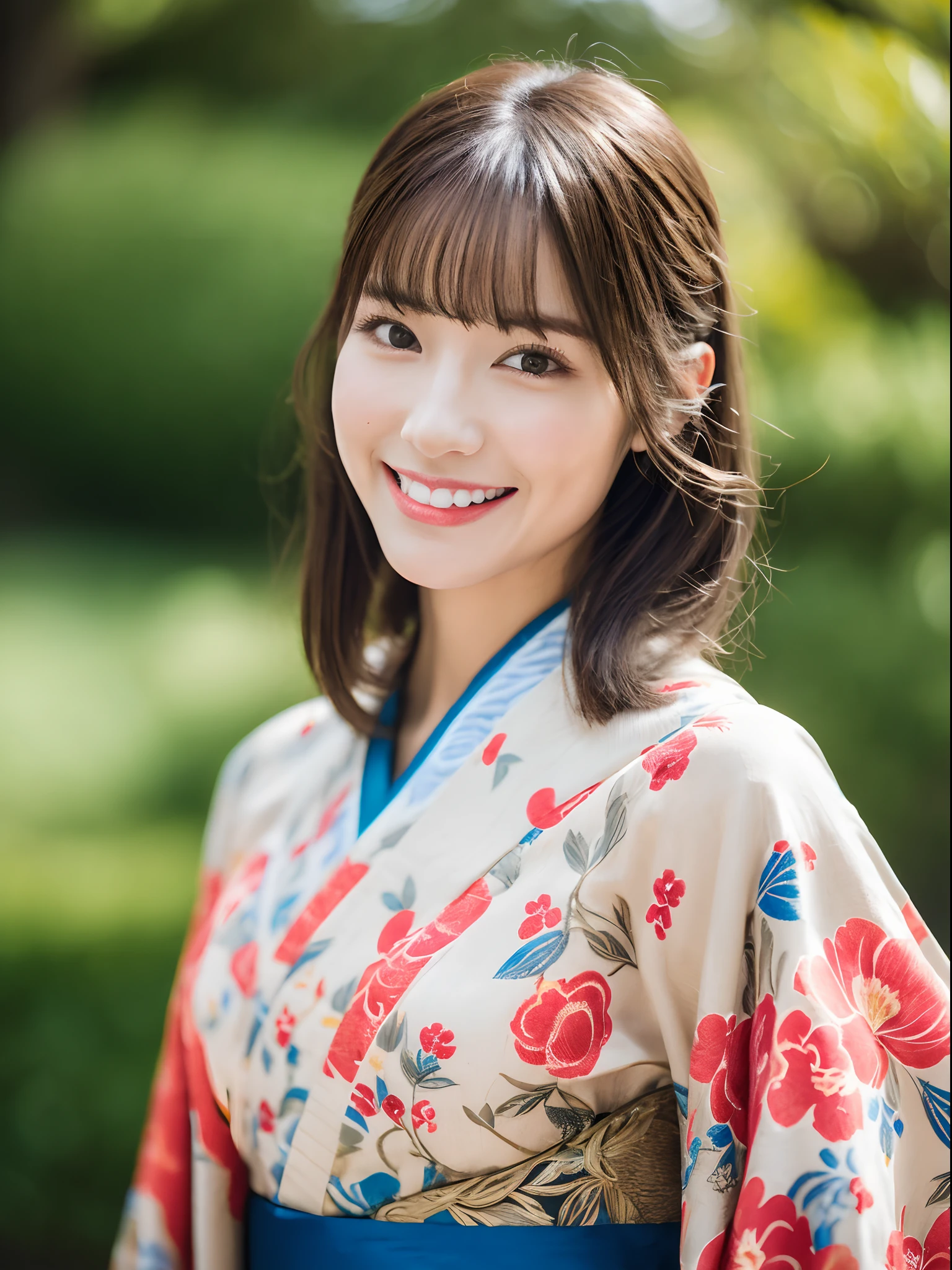 masutepiece, Photorealistic, detail, Beautiful hair、swept bangs、Upstyle to、Glamorous,Super beauty、looking happy smile、well-styled、((8K, Raw photo)), Kimono with floral pattern、Staring at the viewer、Model Posing