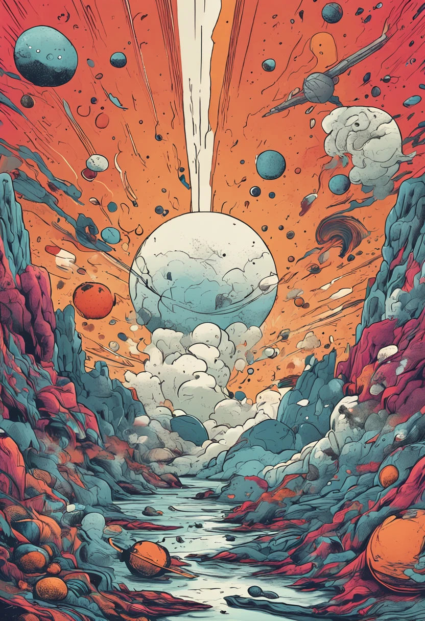Climate change and space explodes, smoke comes out of it, and it should be five colors, the most of which is black and white, with planets and stars