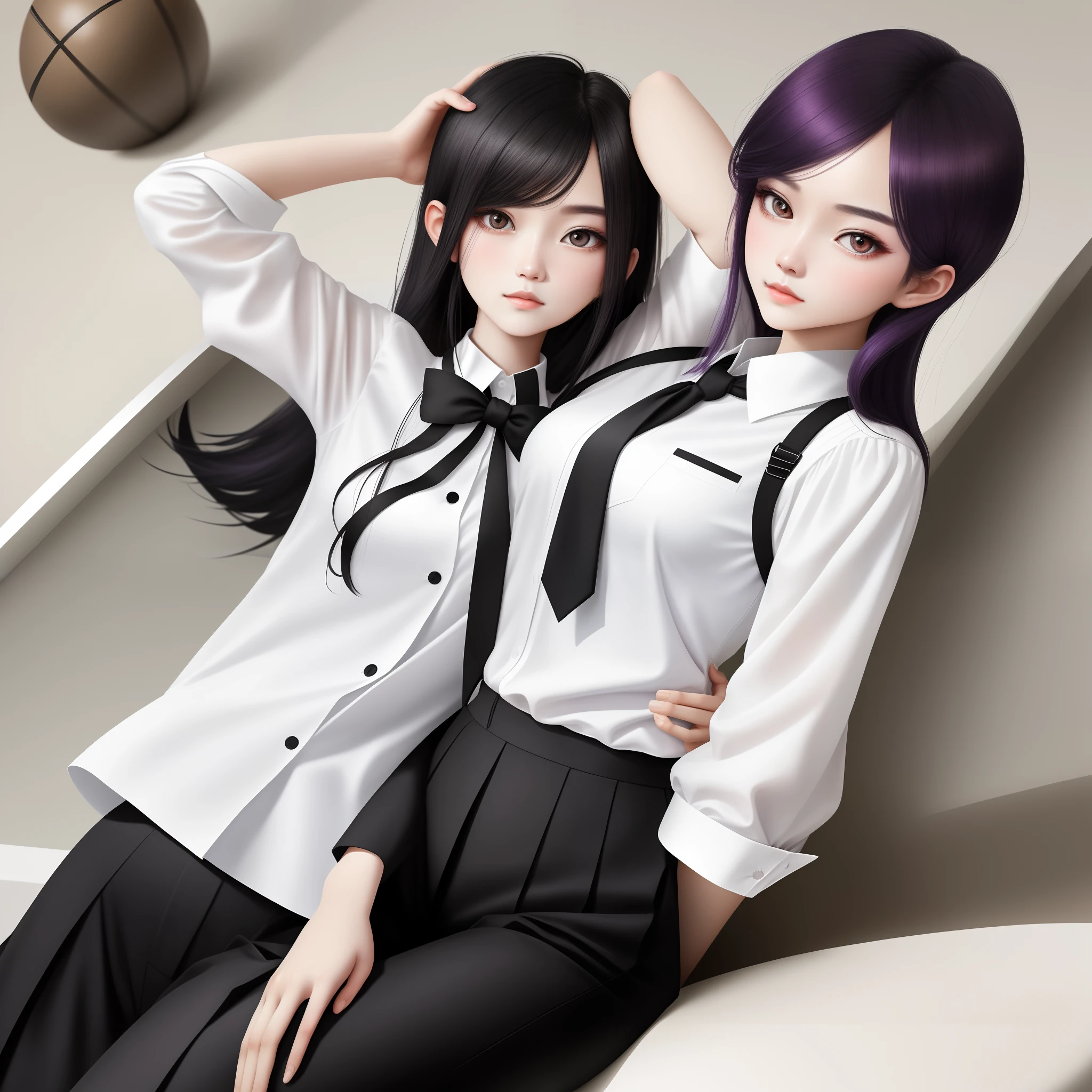 One black hair was dyed purple，The goose-egg-shaped face is white，Bright atmosphere，The already delicate facial features also draw a touch of eyeliner，Make narrow eyes more attractive。height of one meter seven，Slim and elegant，The short-sleeved white shirt school uniform is propped up high，At least B+，Maybe it's a C。 The long legs wearing trousers are also straight and slender，Coupled with the youthful atmosphere unique to a girl，