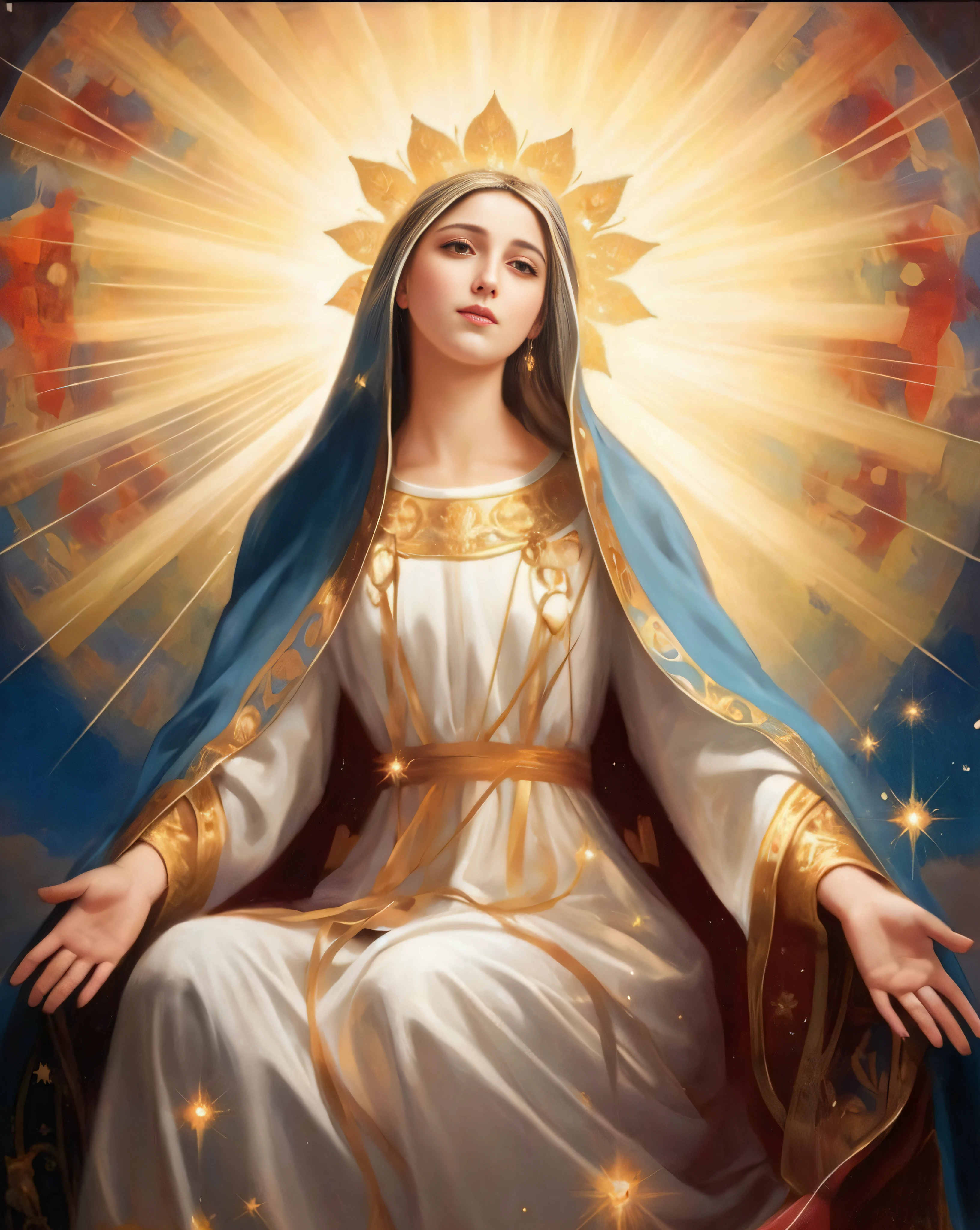 "Create a detailed image of Our Lady of Miracles. She is depicted standing gracefully, with a serene expression on her face. She wears a rich, deep blue mantle adorned with golden accents over a white gown. A crown of stars or a golden crown rests on her head, and a soft halo of light surrounds her. Her hands are open in a gesture of blessing. The background should be filled with a soft, glowing light, emphasizing the miraculous and divine nature of her presence, with subtle celestial elements to enhance the sacred atmosphere."