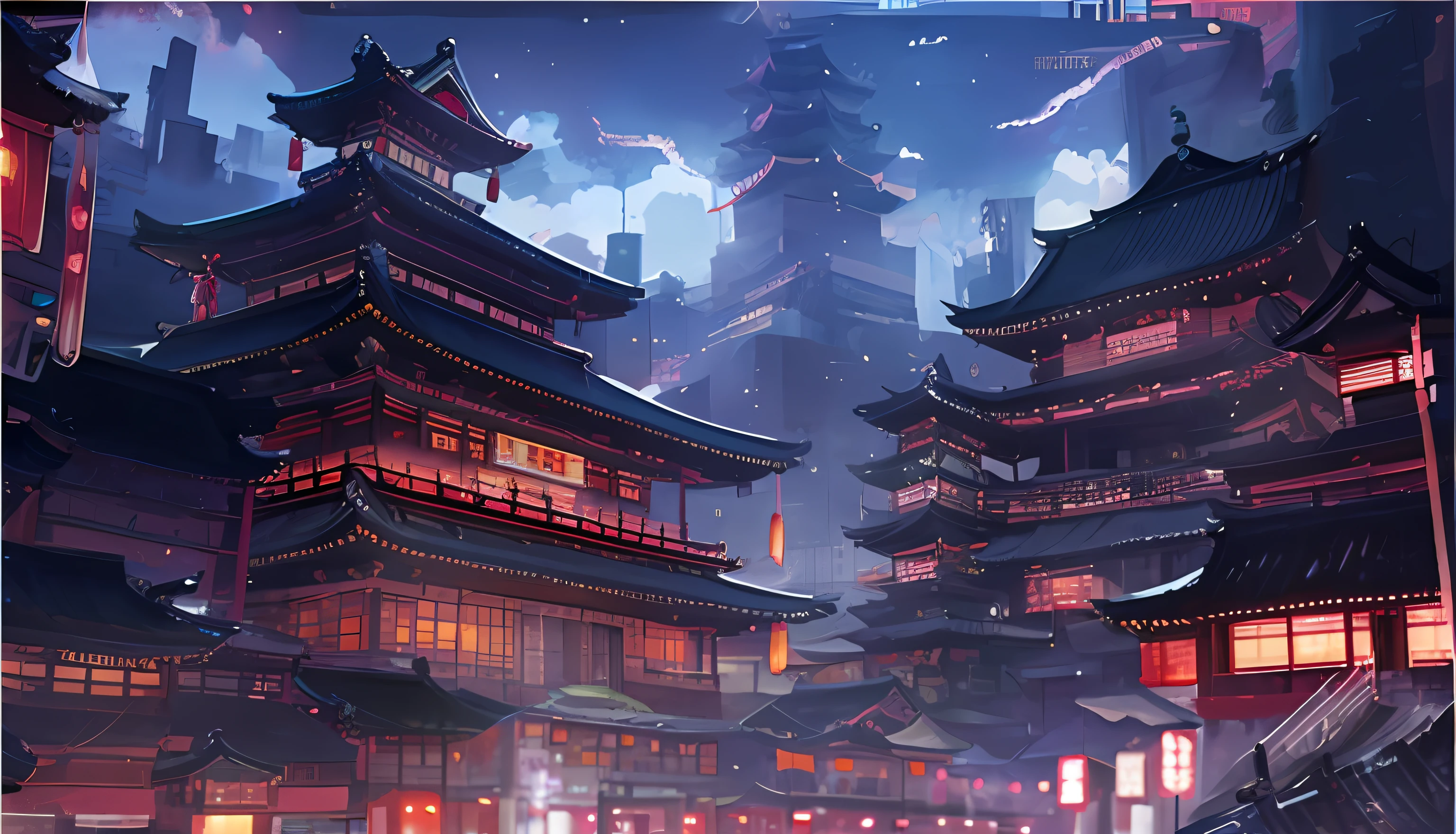 cyberpunk chinese ancient castle, cyberpunk japanese temple, anime style cityscape, Japan city, Anime background art, anime backgrounds, dreamy Chinese towns, hd anime cityscape, Rosla global lighting, trending on cgstation, traditional japanese concept art, style of anime4 K, Japanese art style