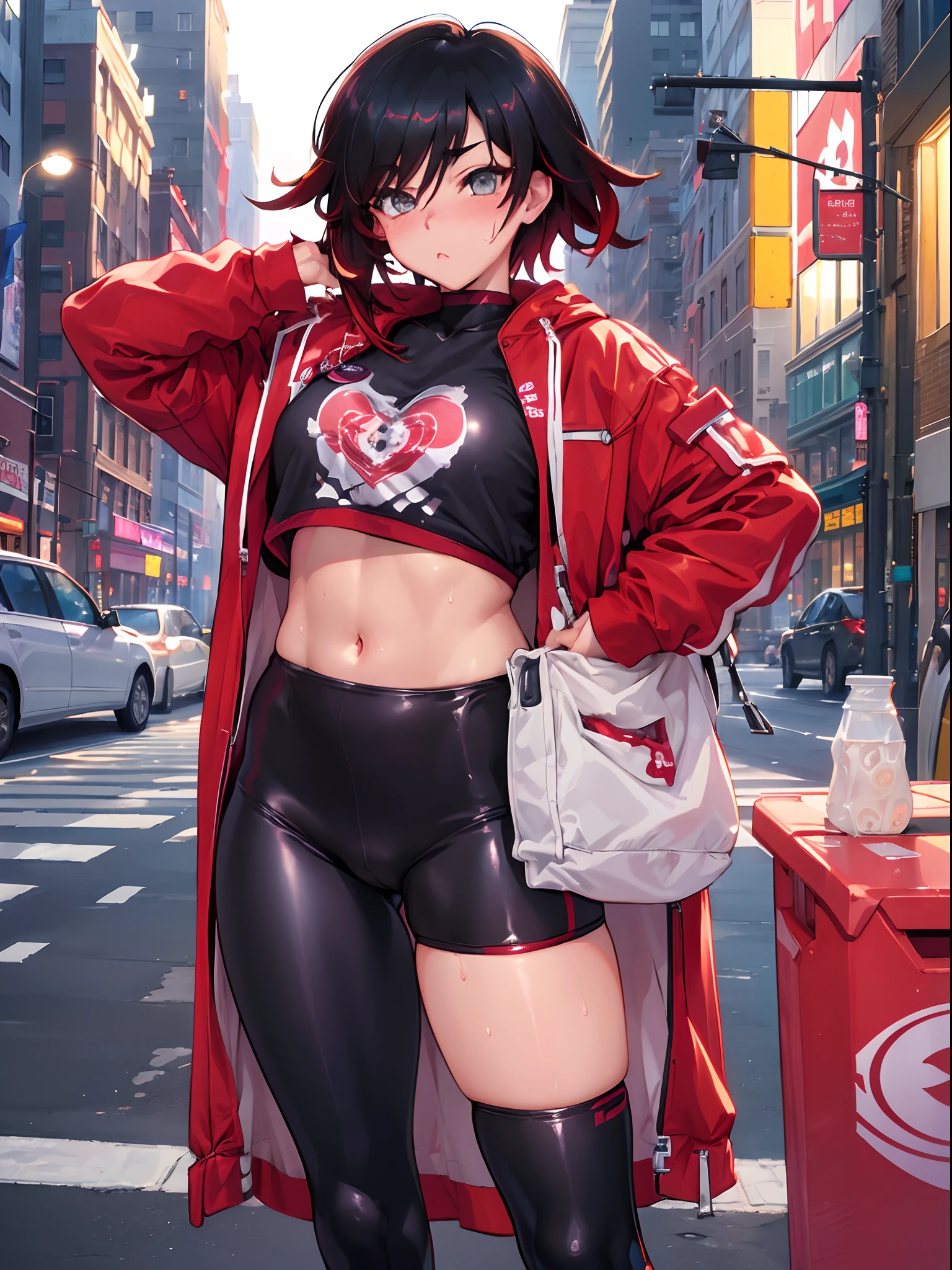 (tmasterpiece, beste-Qualit:1.2), Cowboy shot, 独奏, a 1girl, Ruby Rose, gaze at the viewer, Sporty top, little chest, leggings, the sweat, Erotica, wide thighs, blushful, the night, urban landscape, Street, sexypose, stands, gyaru