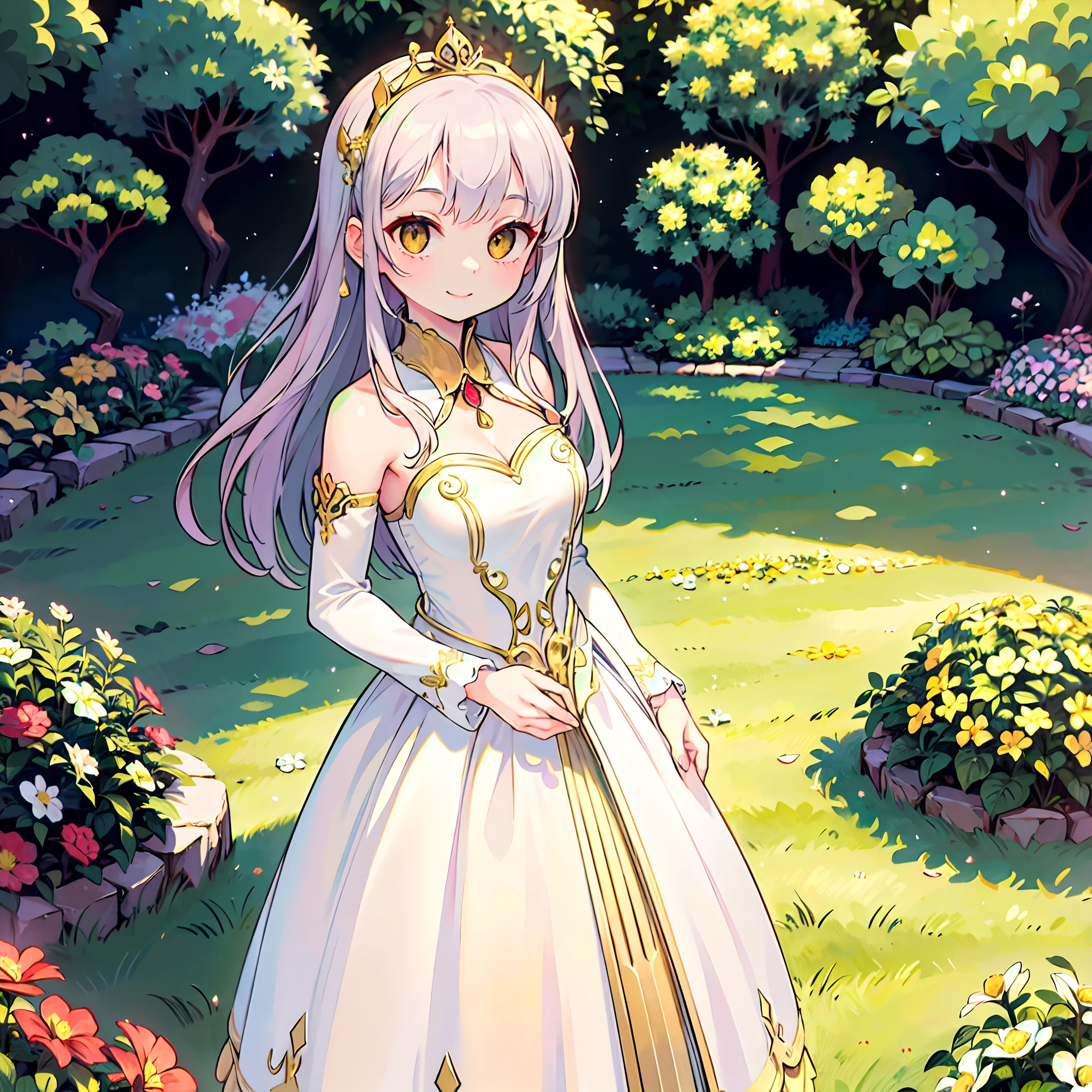 ((Masterpiece)), (((Best quality))), ((Ultra-detailed)), ((illustration)), ((Disheveled hair)), ((frilld)), (1 girl), (Solo), Bare shoulders, Blue eyes, bushes, Castle, Clothing, Cloud, Cloudy sky, crown, day, dress, Female, flower, Hand on chest, hand on her own chest, Headwear, jewelry, Long hair, view the viewer, necklace, Outdoors, petals, Pink dress, Rose, Silver hair, sky, No shoulder strap, Strapless dress, head gear, two sides up, Very long hair, White hair, Wind,ssmile,