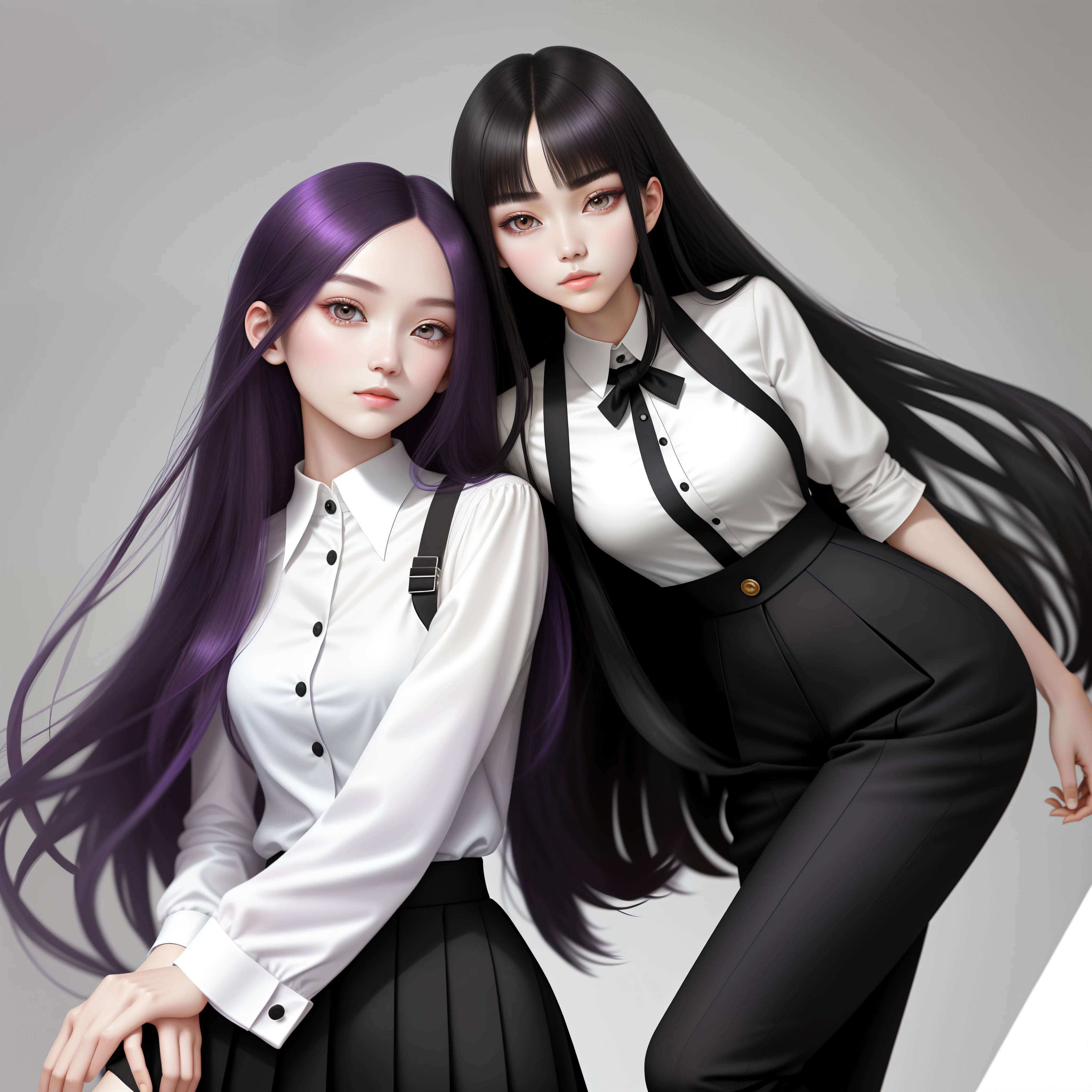 One black hair was dyed purple，The goose-egg-shaped face is white，Bright atmosphere，The already delicate facial features also draw a touch of eyeliner，Make narrow eyes more attractive。height of one meter seven，Slim and elegant，The short-sleeved white shirt school uniform is propped up high，At least B+，Maybe it's a C。 The long legs wearing trousers are also straight and slender，Coupled with the youthful atmosphere unique to a girl，