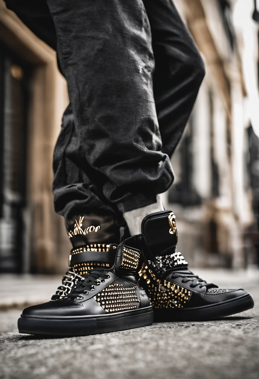 Of course, voici une description d'une illustration en texte pour des baskets de rappeur :

Imaginez des baskets de rappeur qui repoussent les limites du style et de l'audace. The upper of these sneakers is made of smooth black leather, decorated with relief details depicting motifs inspired by urban art. Touches of metallic gold highlight the contours of the shoe, ajoutant une touche de luxe et de glamour.

The outsole is equipped with state-of-the-art technology, with built-in LEDs that light up in sync with the rhythm of the music. Imagine the twinkling lights dancing to the sound of bass, creating an electrifying atmosphere at every step.

Les lacets, d'un noir profond, are woven with reflective threads, shining brightly in the spotlight. Each knot is adorned with a small pendant in the shape of a microphone, symbolisant la passion et l'expression artistique du rap.

On the side of the shoe, A custom logo represents the rapper's name, with stylized letters reminiscent of urban graffiti. The bright and contrasting colors of the logo reflect the energy and creativity of rap.

inside, une doublure en tissu doux et respirant assure un confort optimal, while a padded insole provides extra cushioning for stage performance.

These rapper sneakers are the ultimate choice for those who want to make a bold statement on stage. Elles allient style, Technology and personality, creating a unique visual and musical experience at every step. Walk in the footsteps of the greatest rappers with these sneakers that are sure to turn heads and thrill the crowds.